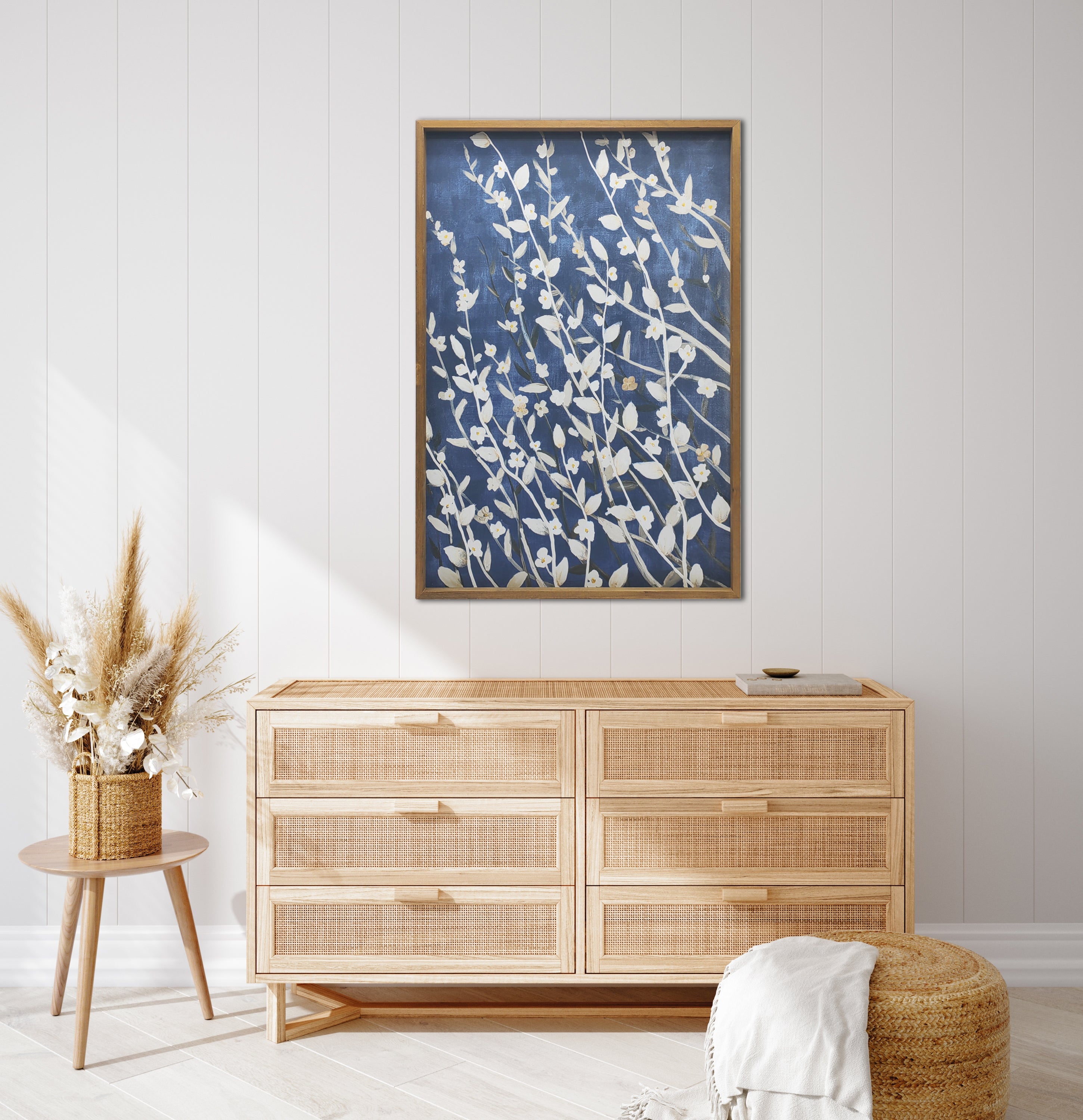 Azure Blossoms Wood Framed Print on Canvas Wall Art, 24"x36"