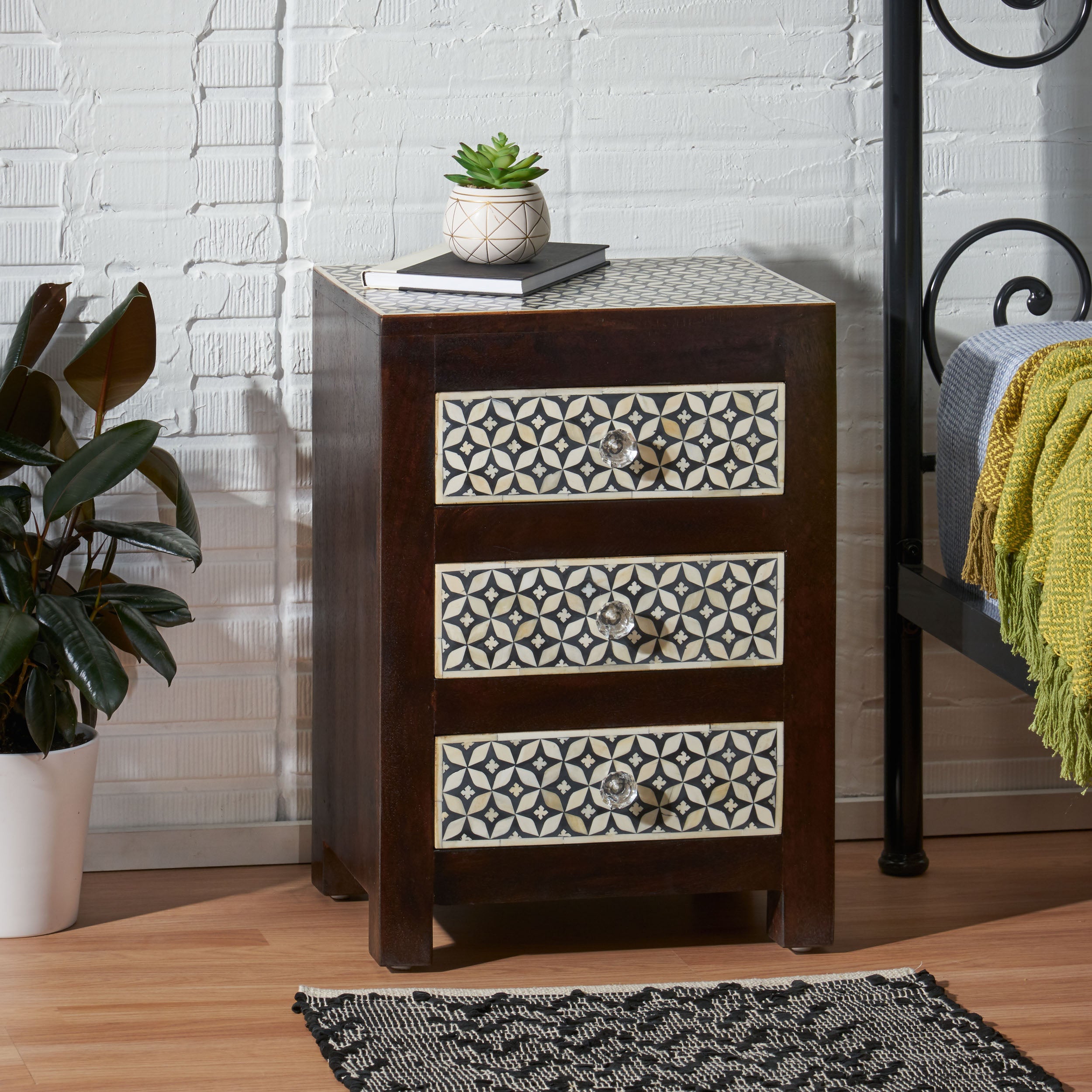 Wooden 3 Drawer Bone Fitted Nightstand