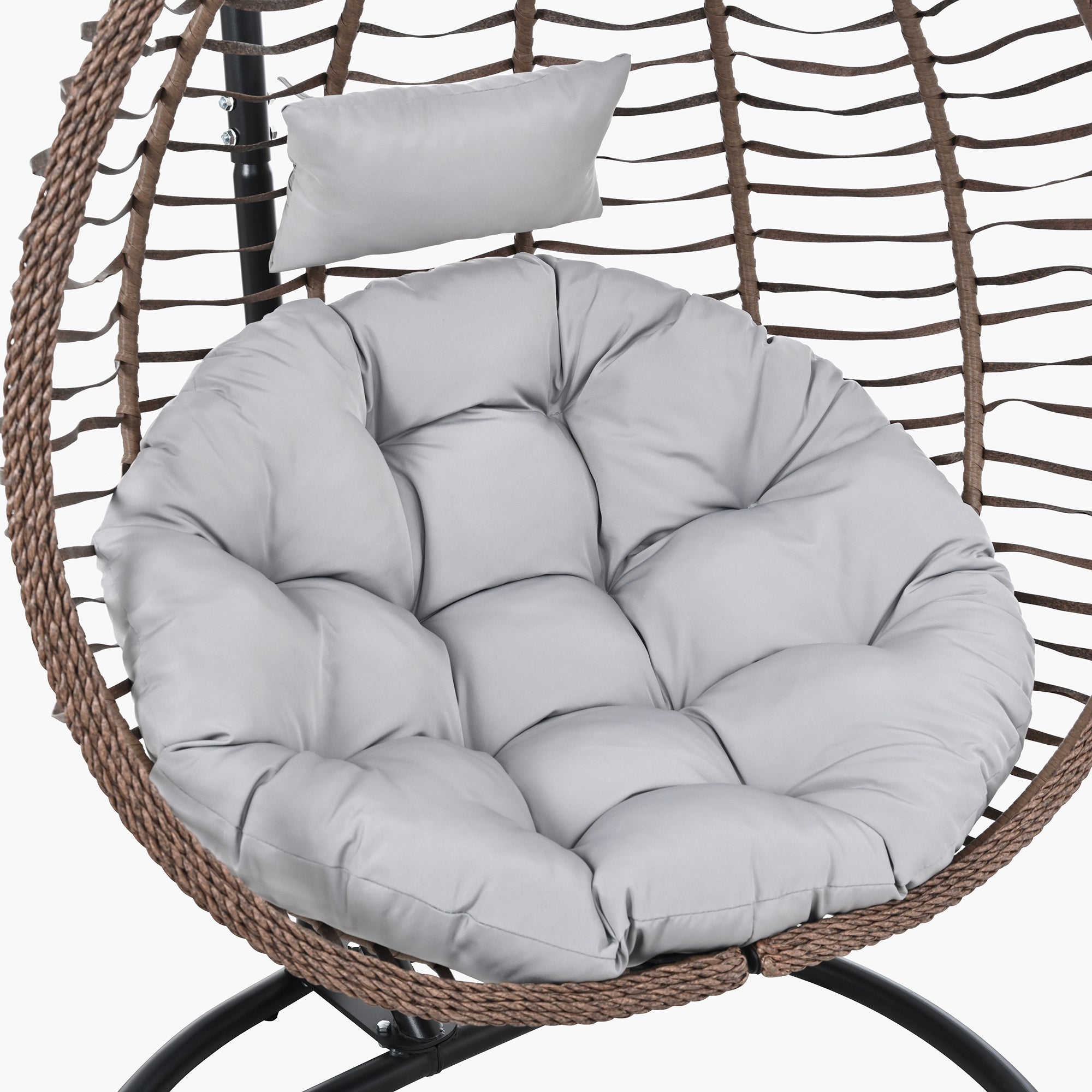 Foldable Rattan Egg Swing Chair with Iron Frame, Plush Cushion & Removable Headrest