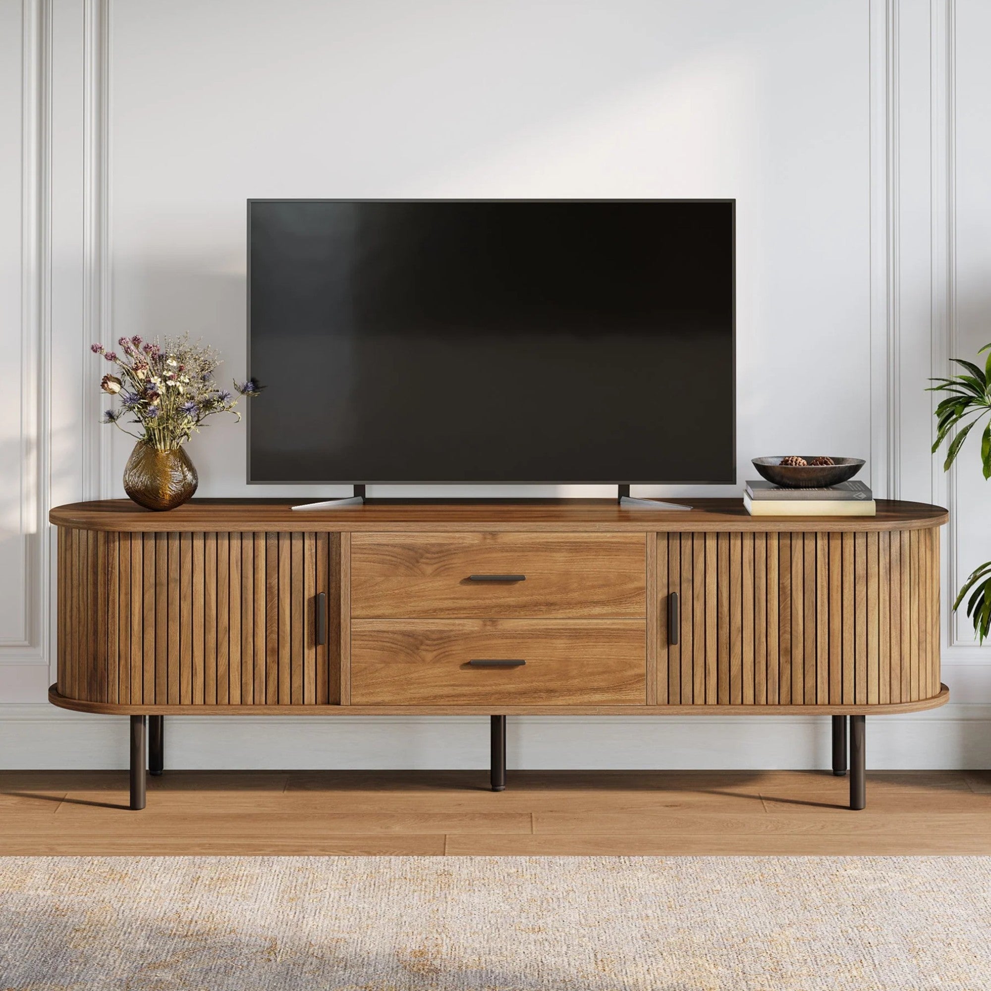 Mid-Century Modern Fluted TV Stand with Tambour Sliding Doors