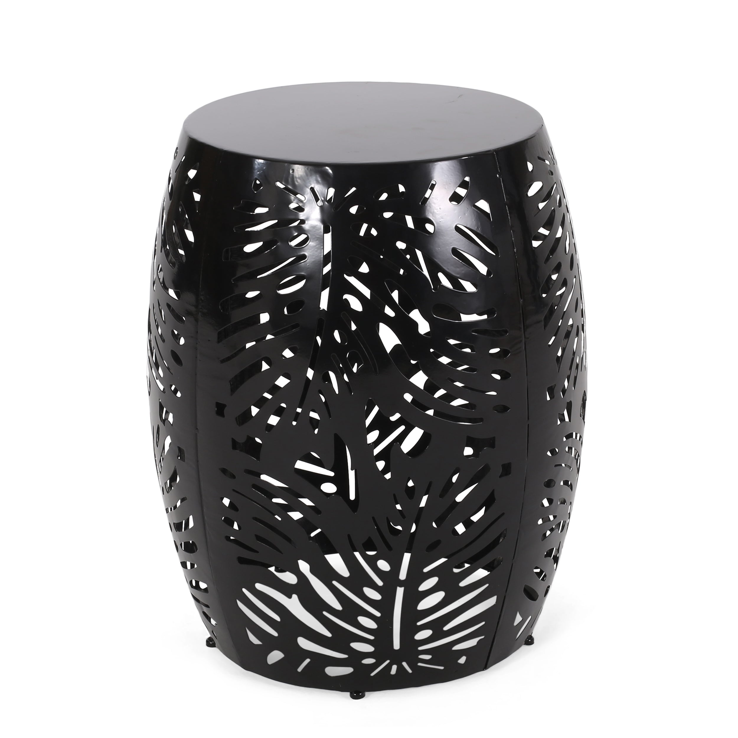 Rebirth Outdoor End Table with Tropical Palm Leaf Pattern and Iron Frame