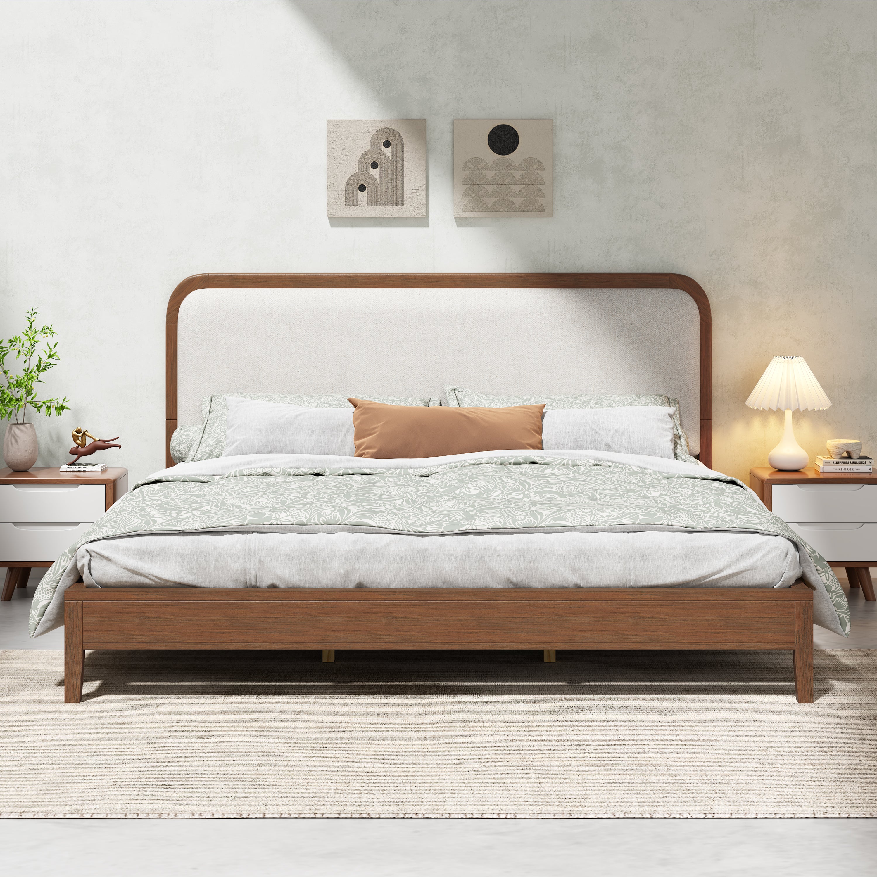 Acacia Wood Bed Frame With Beige Upholstered Headboard