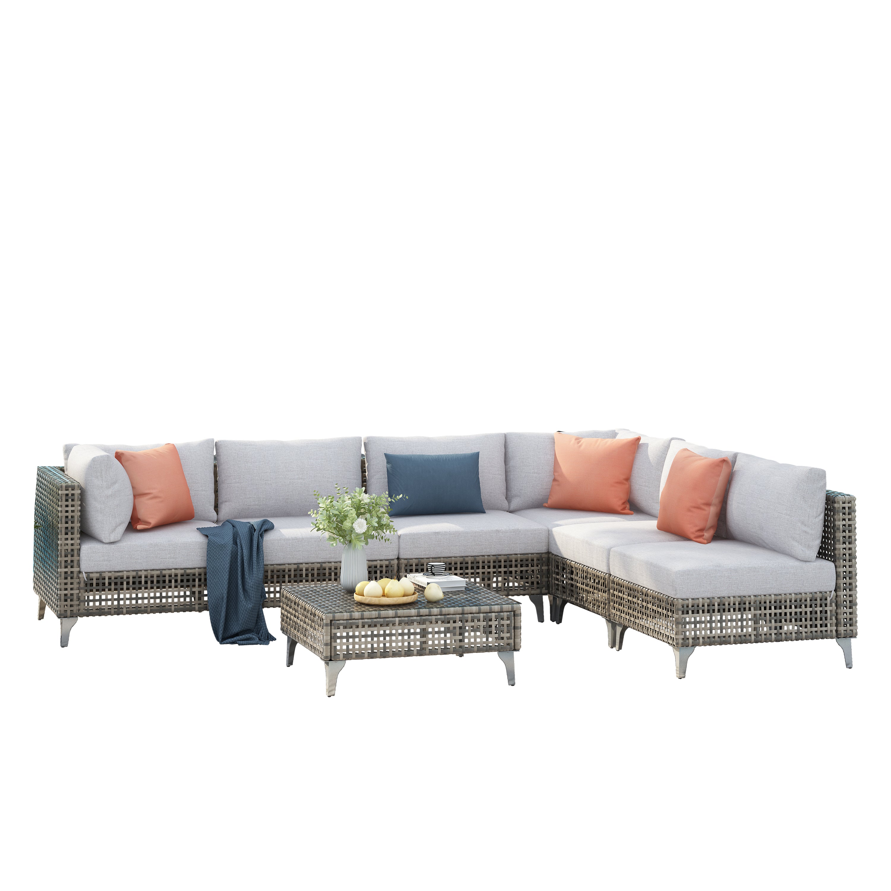 7-Piece Outdoor Wicker Sectional Sofa with Water Resistant Cushions and Coffee Table
