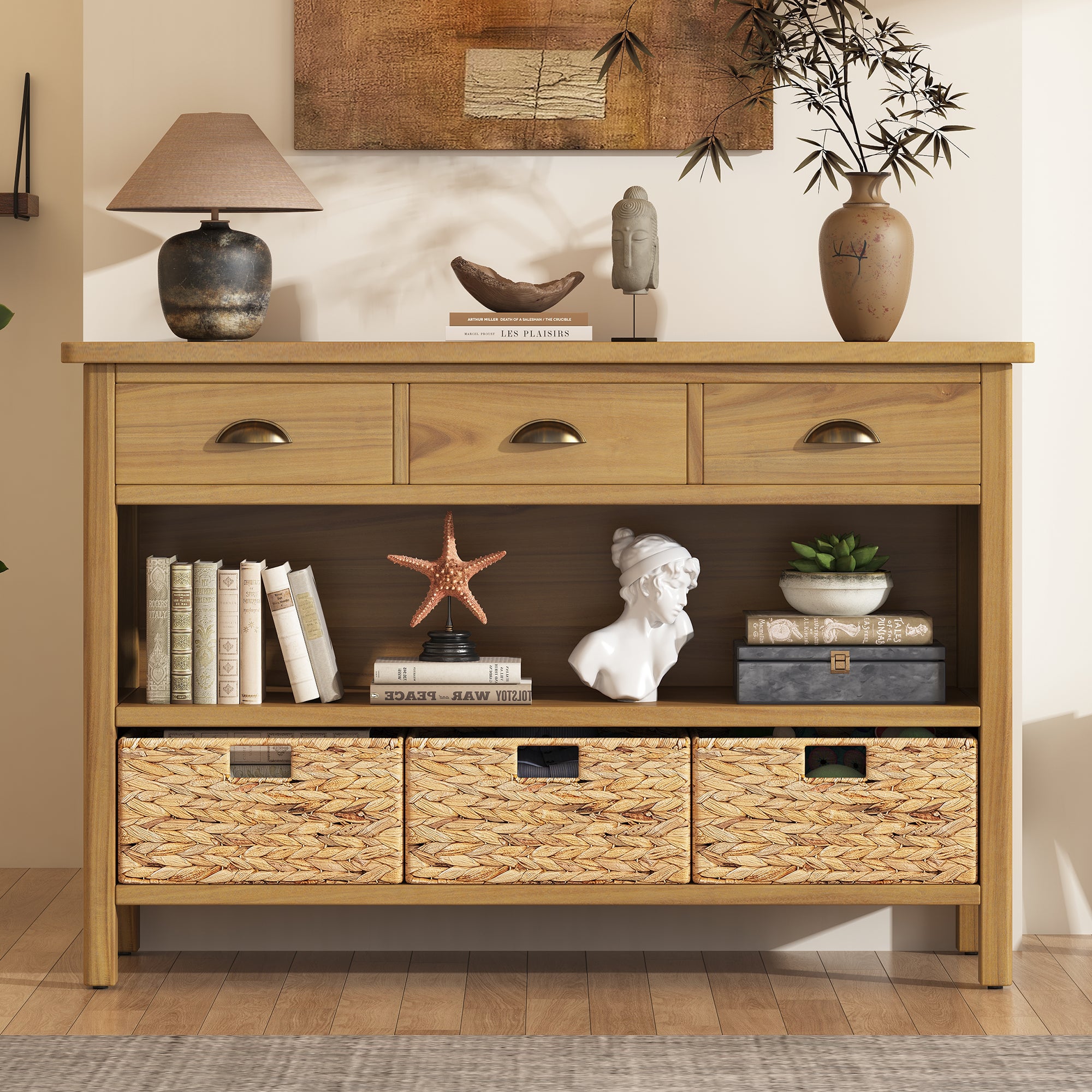 Coronate Console Table with Drawers and Water Hyacinth Woven Baskets