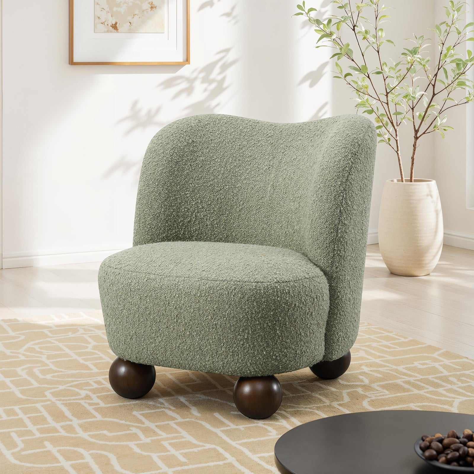 Contemporary Style 1pc Accent Chair Upholstered In Boucle Fabric Ball Feet Curve Back Green Finish Primary Living Room