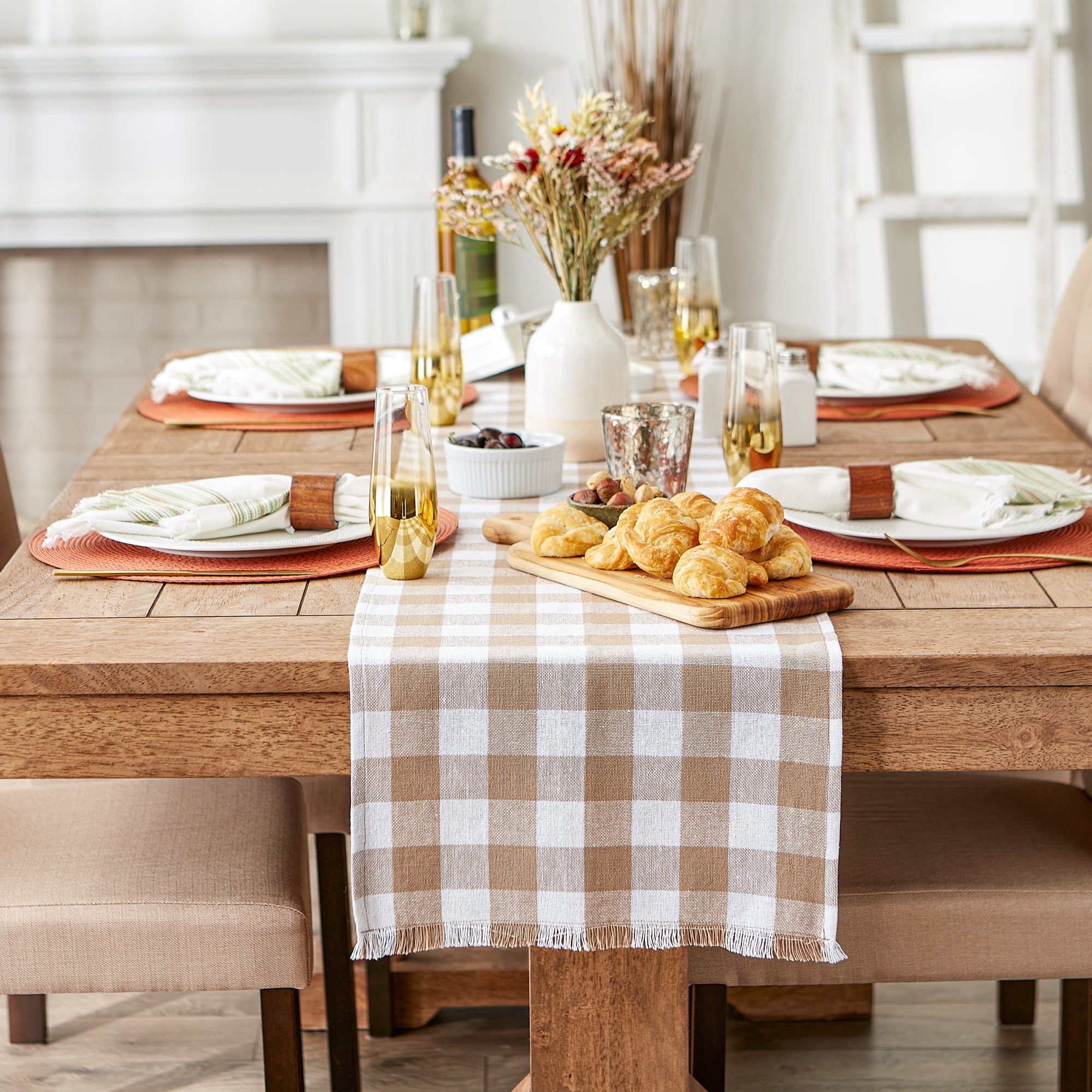Stone Heavyweight Check Fringed Table Runner