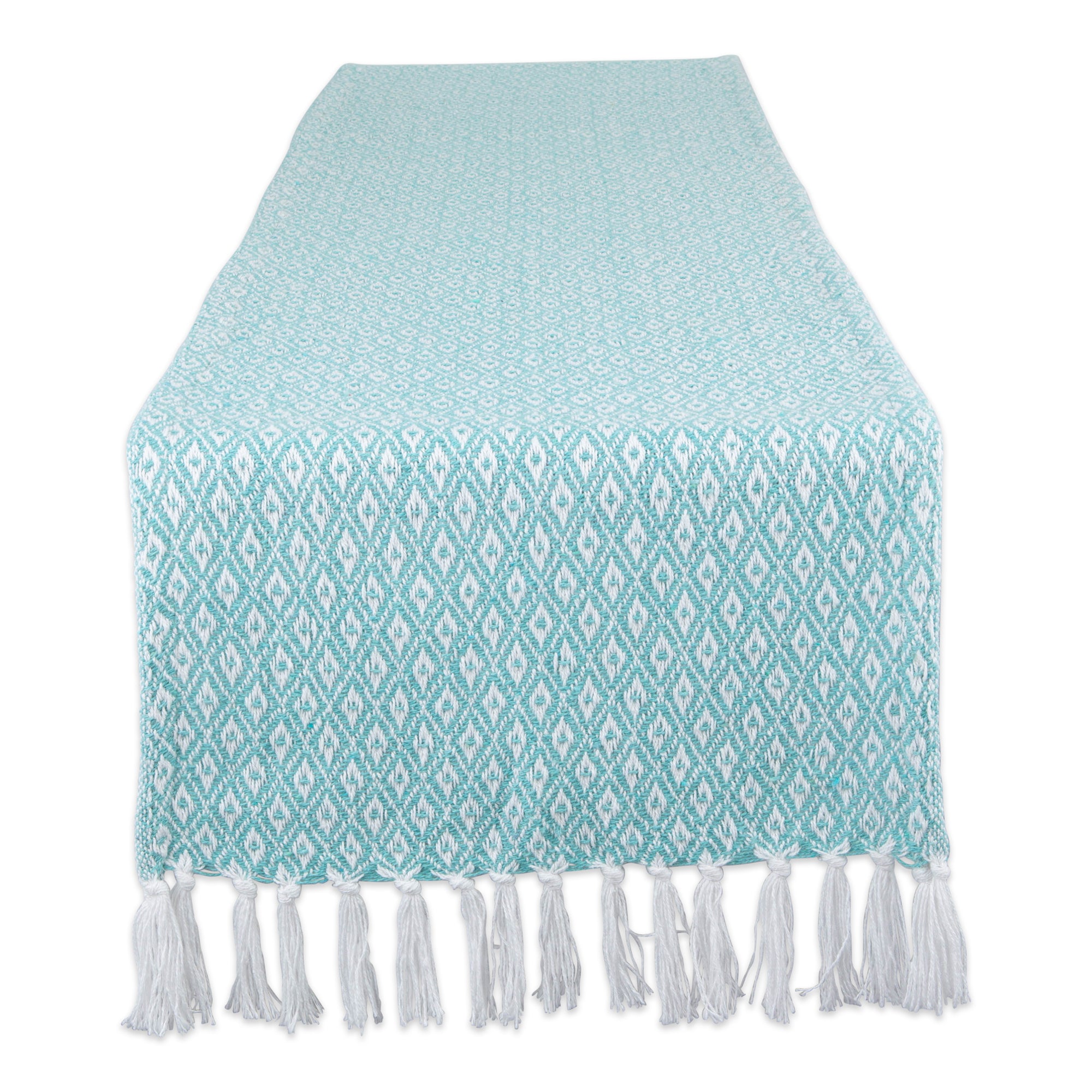 DII Aqua Mini Diamond Jacquard Fringe Cotton Table Runner, 15" x 72"