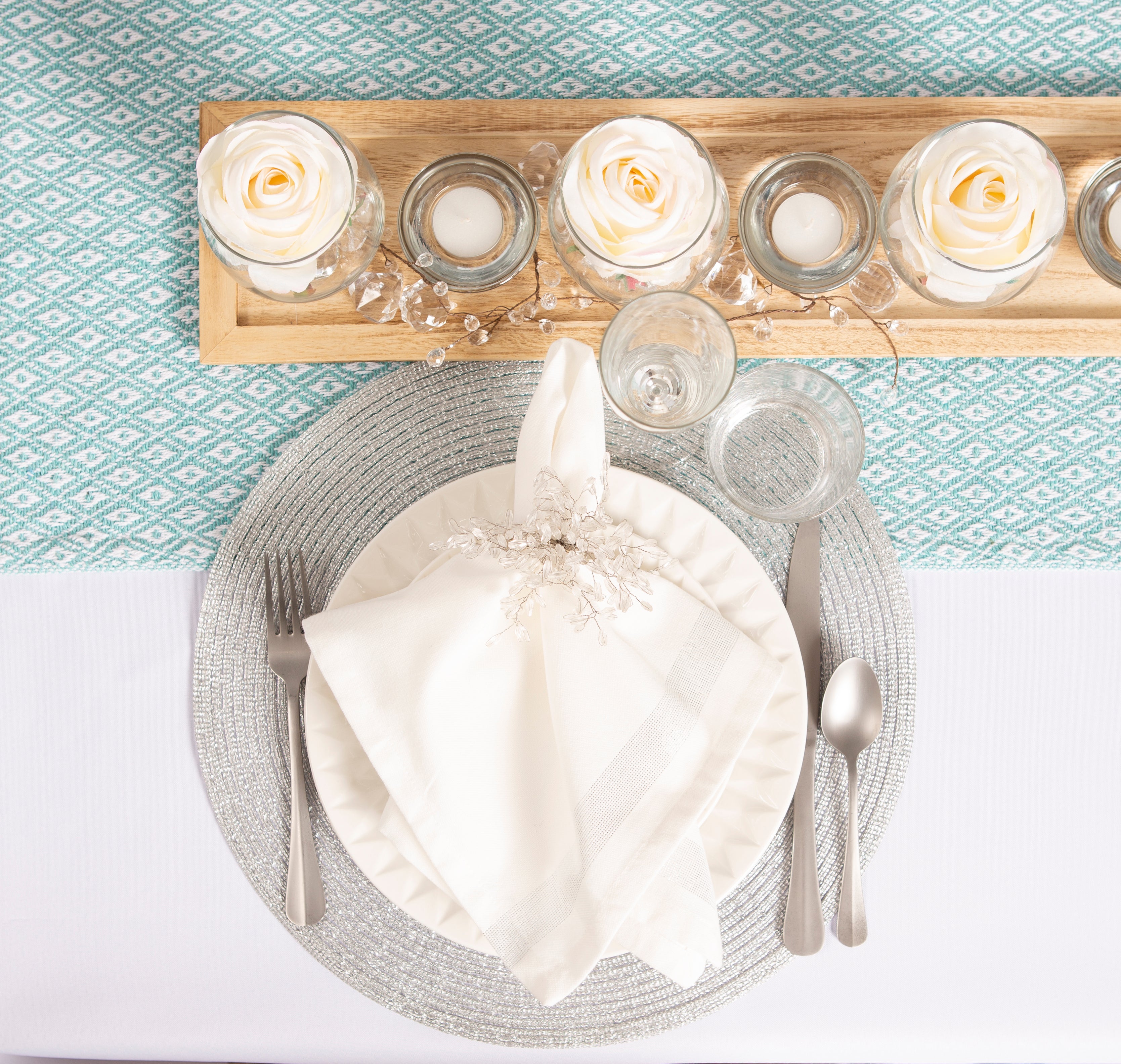 DII Aqua Mini Diamond Jacquard Fringe Cotton Table Runner, 15" x 72"