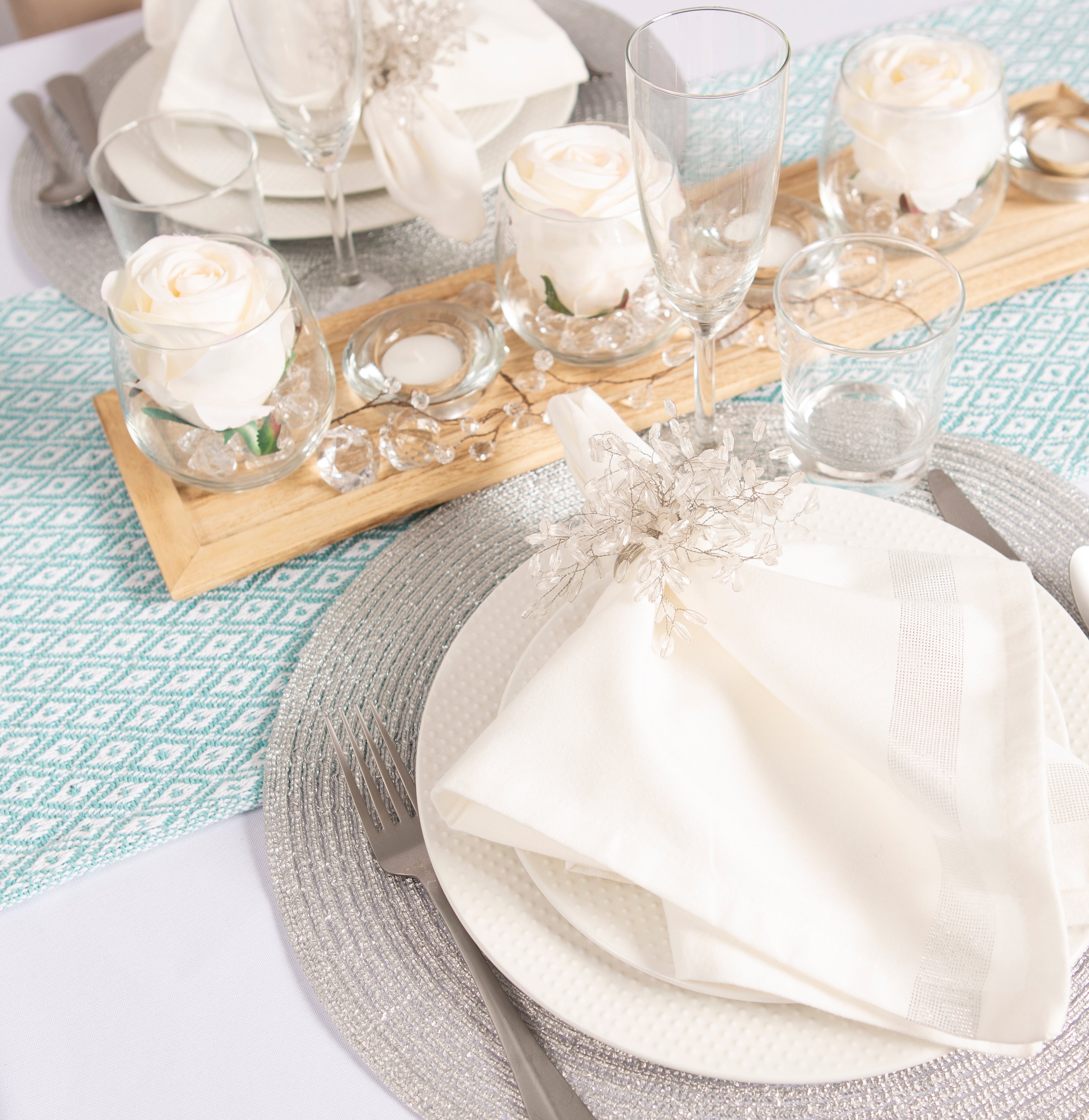 DII Aqua Mini Diamond Jacquard Fringe Cotton Table Runner, 15" x 72"