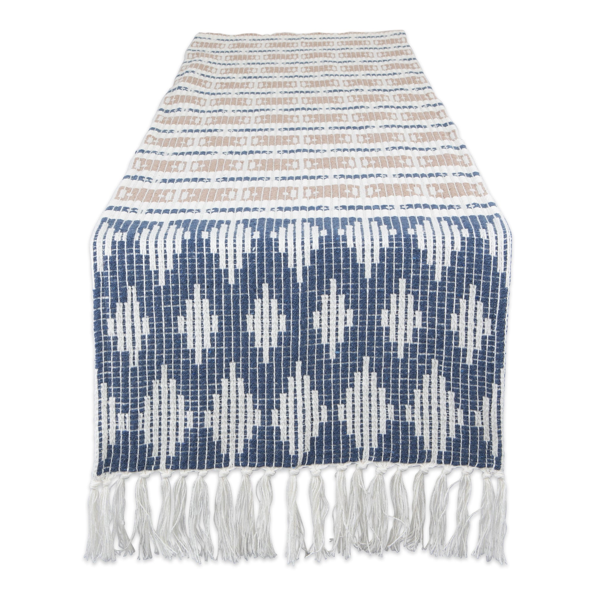 DII French Blue/Stone Colby Southwest Jacquard Fringe Cotton Table Runner, 15" x 72"