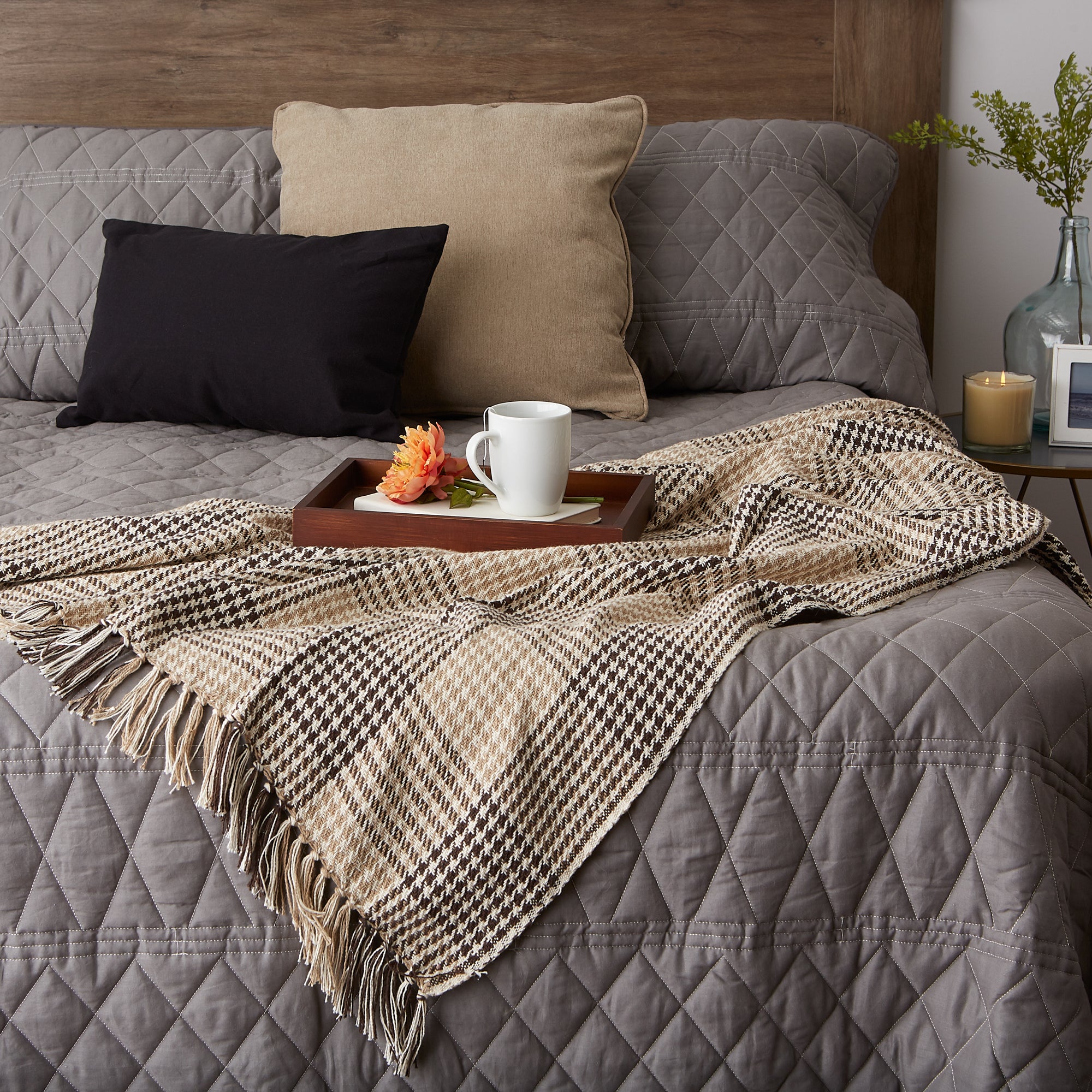 Dark Brown & Stone Houndstooth Plaid Throw