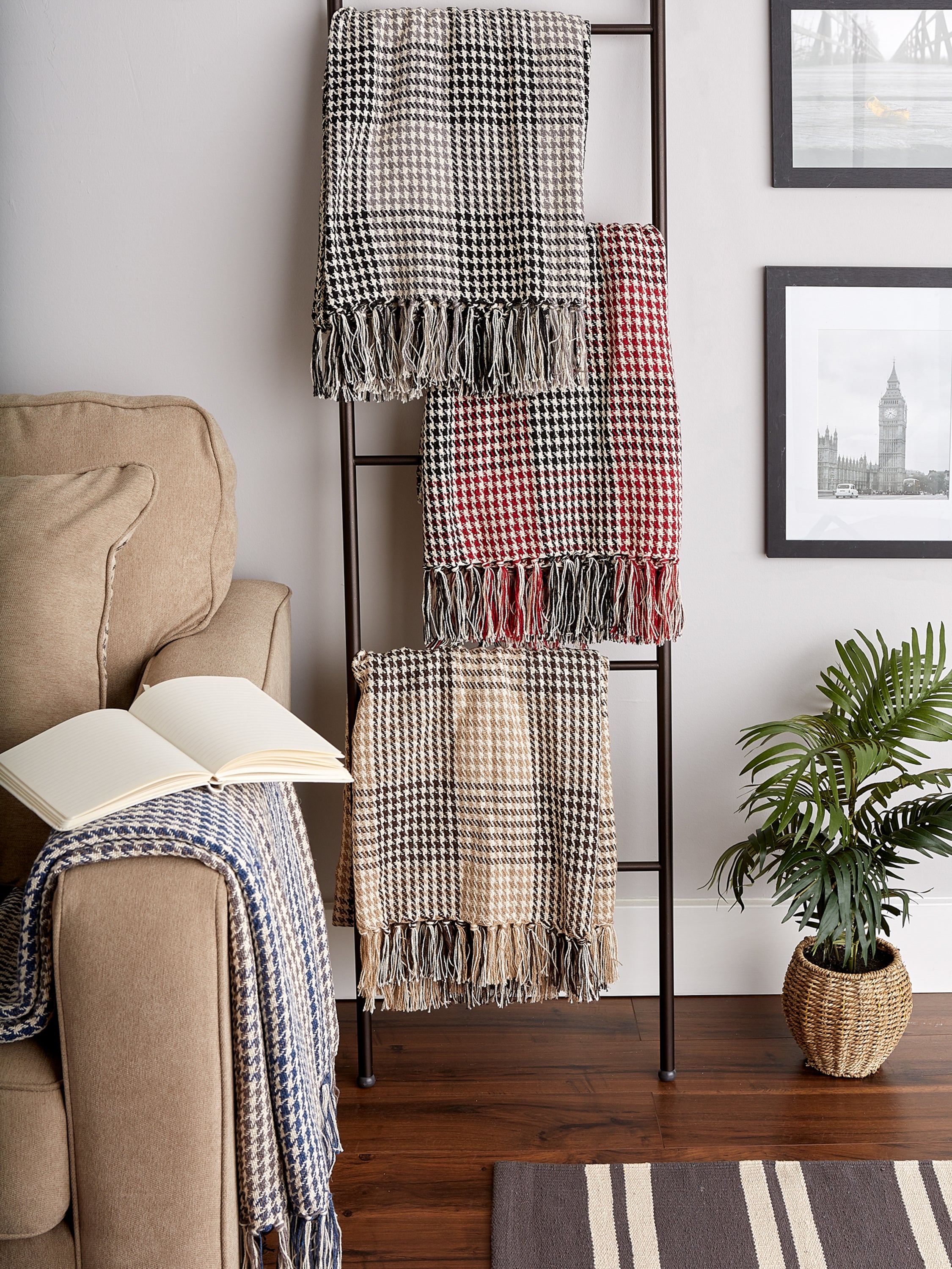 Dark Brown & Stone Houndstooth Plaid Throw