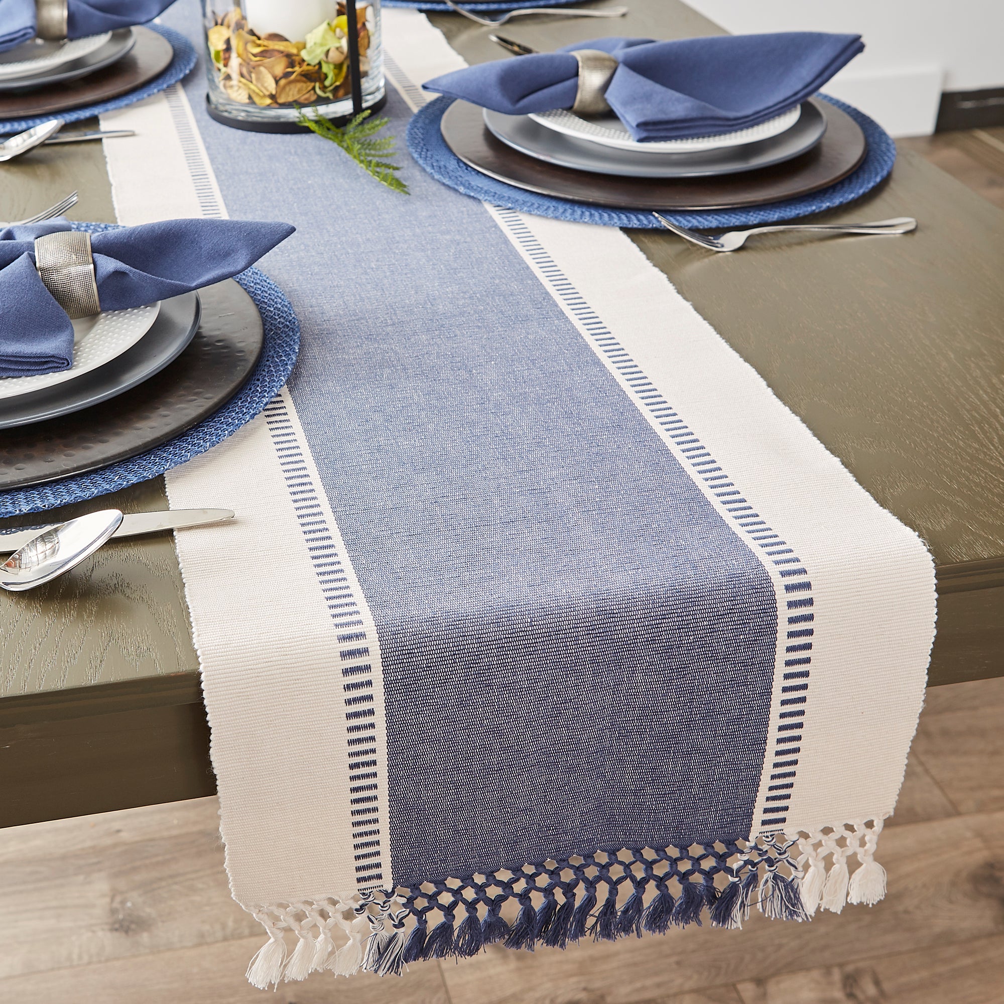 DII Ribbed Dobby Stripe Cotton Table Runner with Knotted Fringe