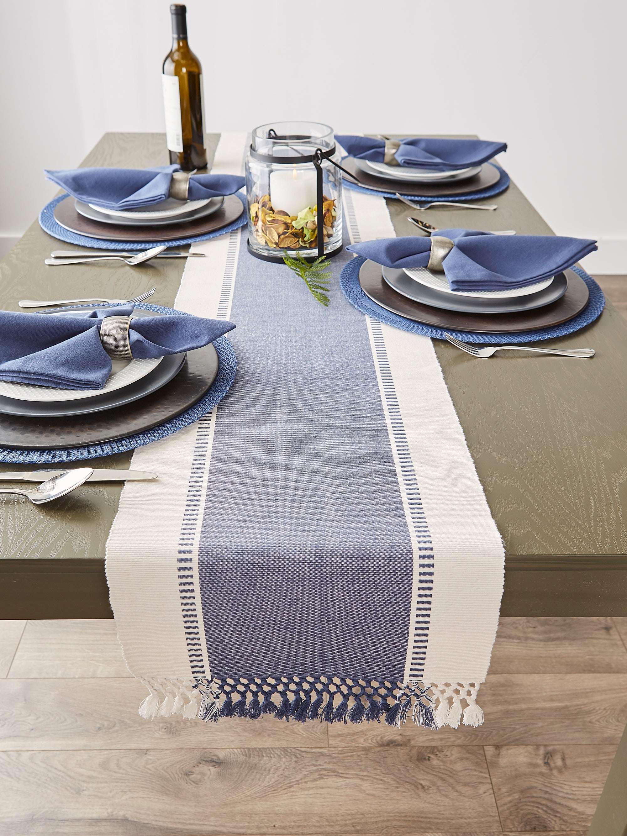 DII Ribbed Dobby Stripe Cotton Table Runner with Knotted Fringe