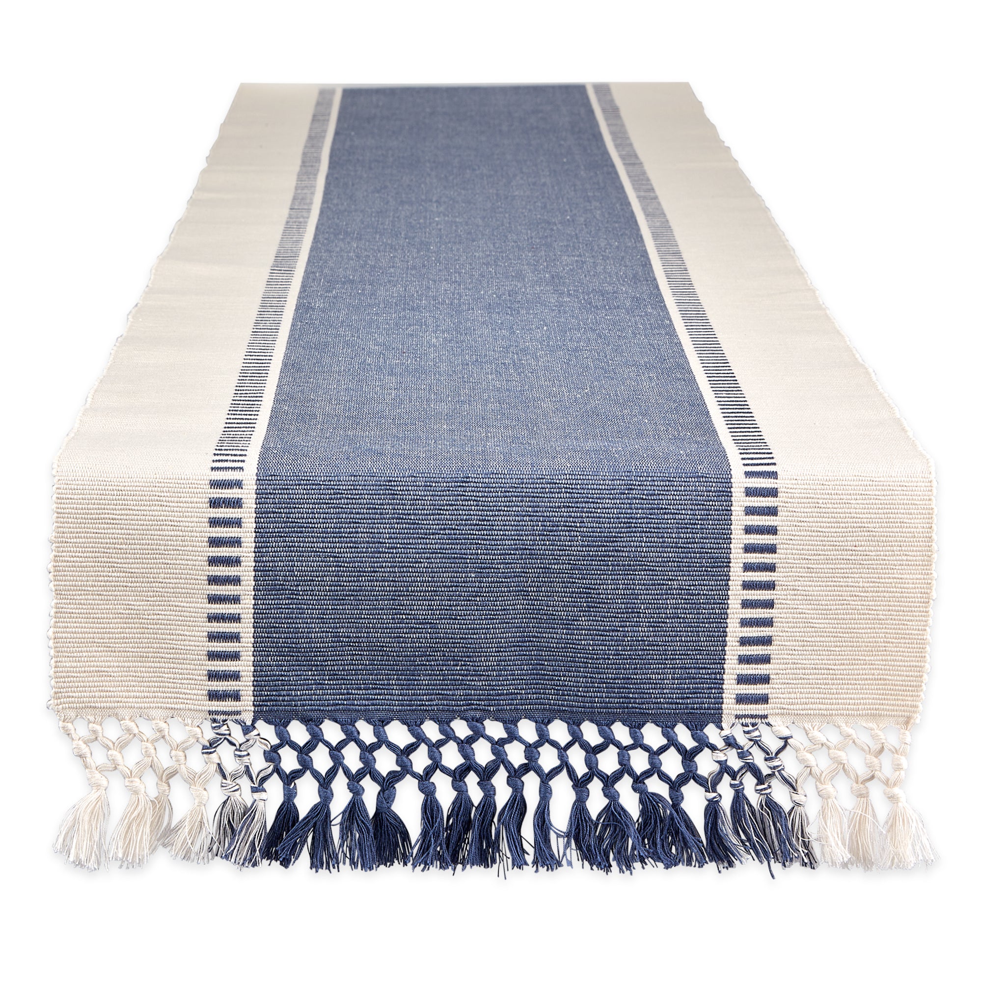 DII Ribbed Dobby Stripe Cotton Table Runner with Knotted Fringe
