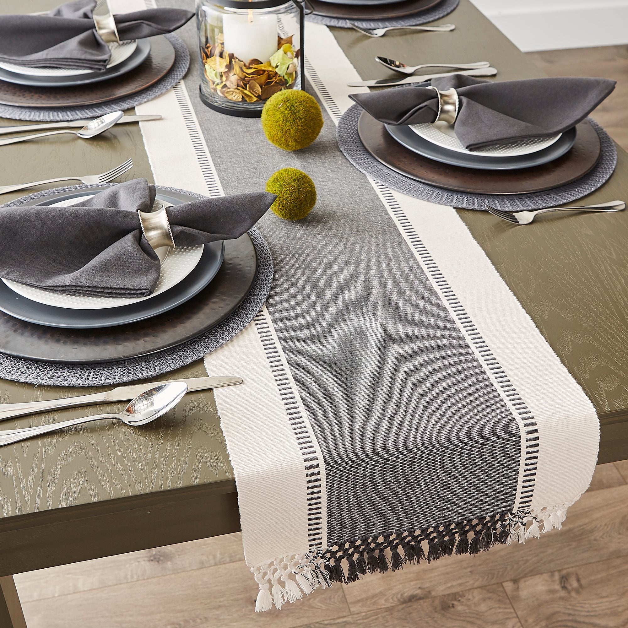 DII Ribbed Dobby Stripe Cotton Table Runner with Knotted Fringe