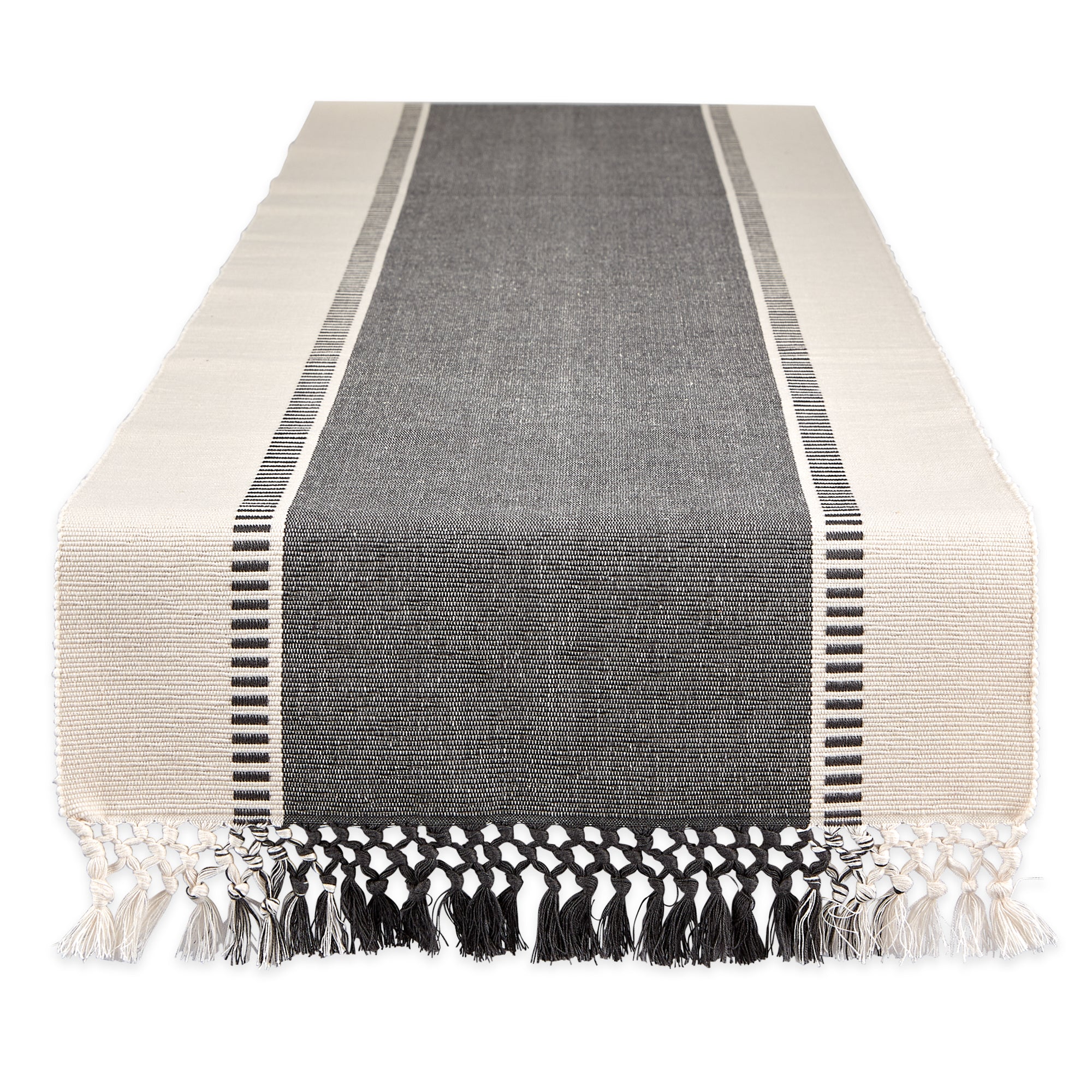 DII Ribbed Dobby Stripe Cotton Table Runner with Knotted Fringe