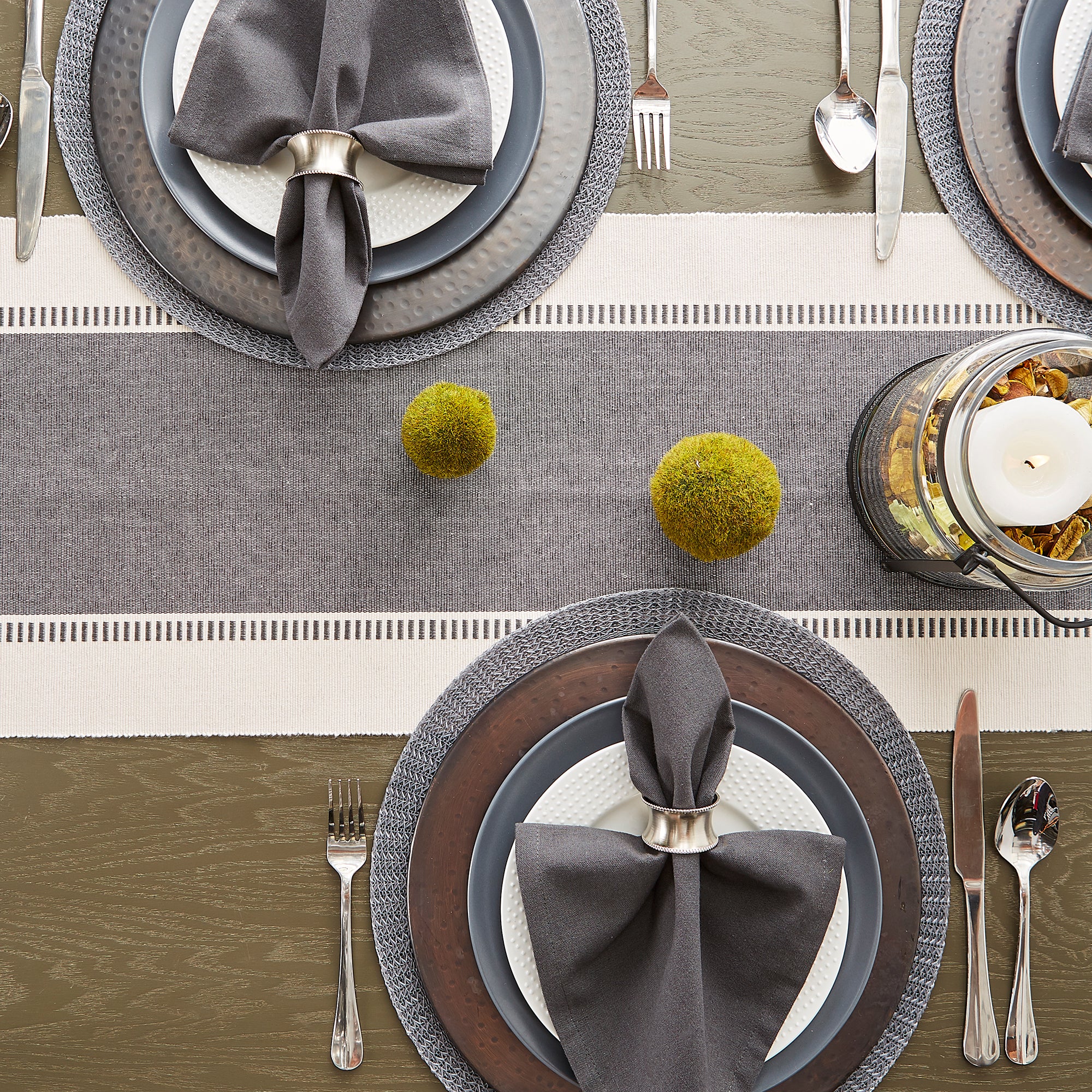 DII Ribbed Dobby Stripe Cotton Table Runner with Knotted Fringe