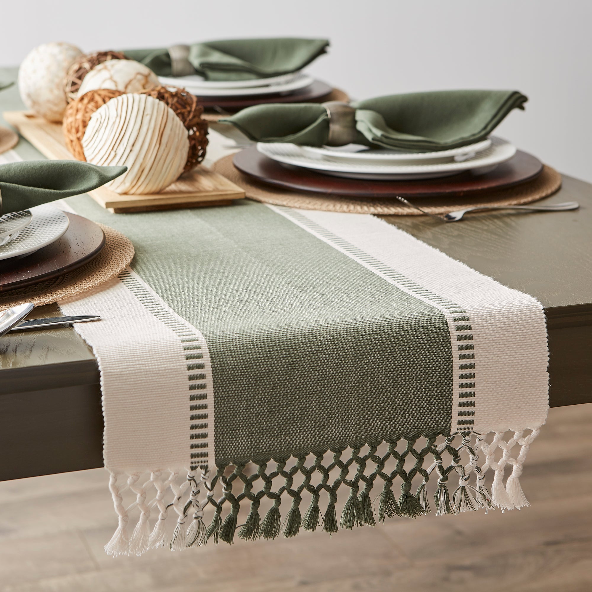 DII Ribbed Dobby Stripe Cotton Table Runner with Knotted Fringe