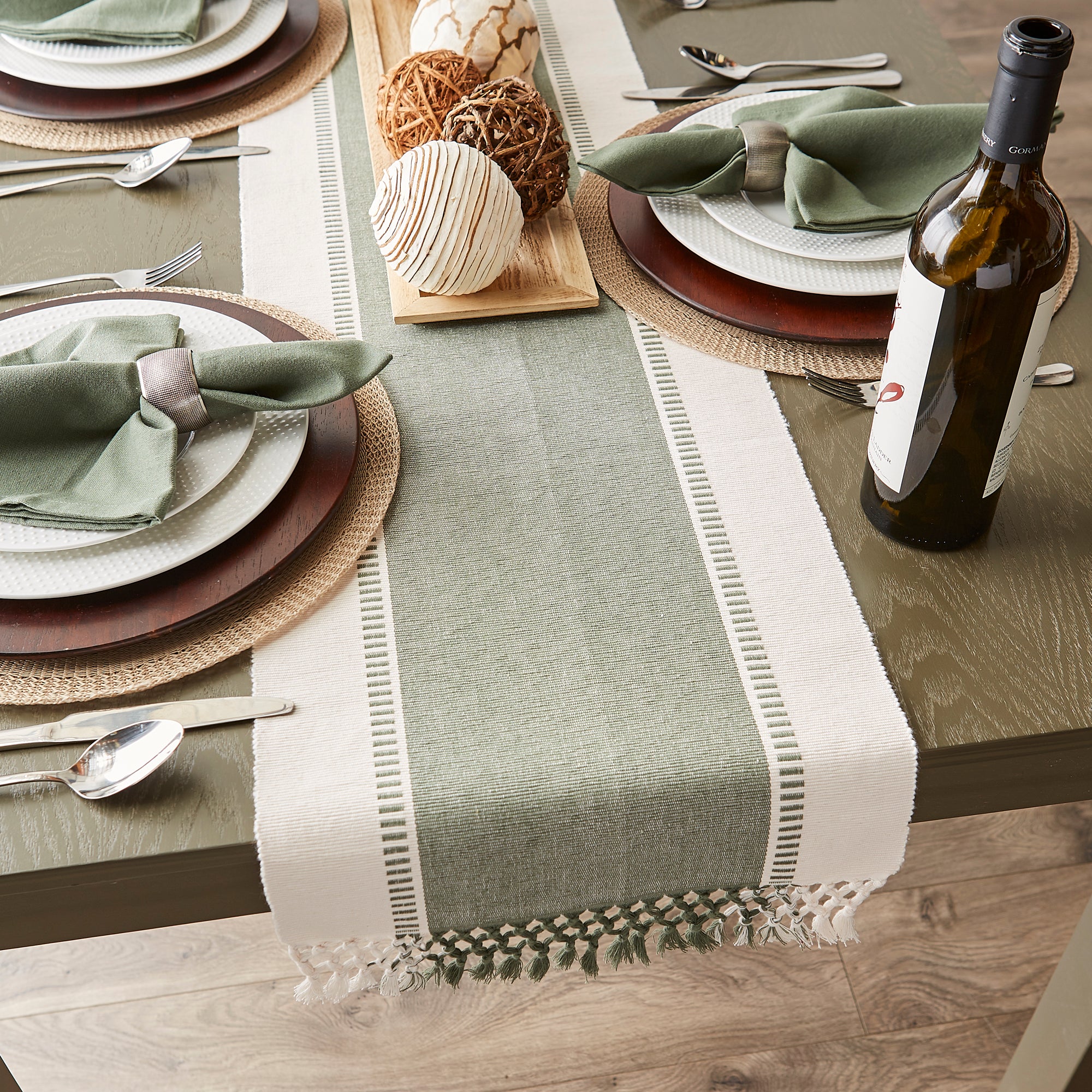 DII Ribbed Dobby Stripe Cotton Table Runner with Knotted Fringe