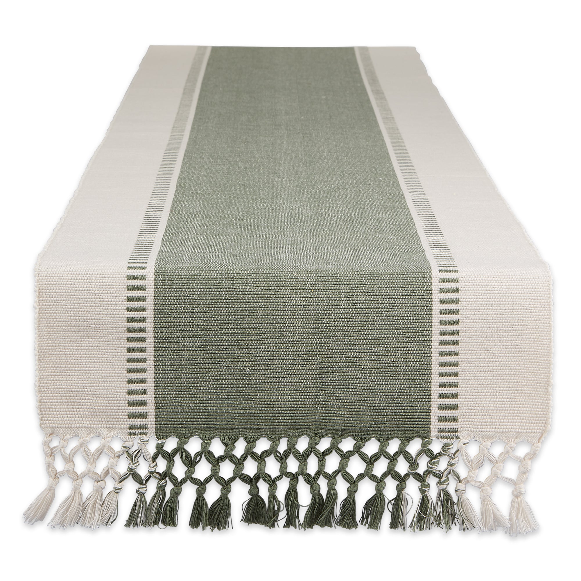 DII Ribbed Dobby Stripe Cotton Table Runner with Knotted Fringe