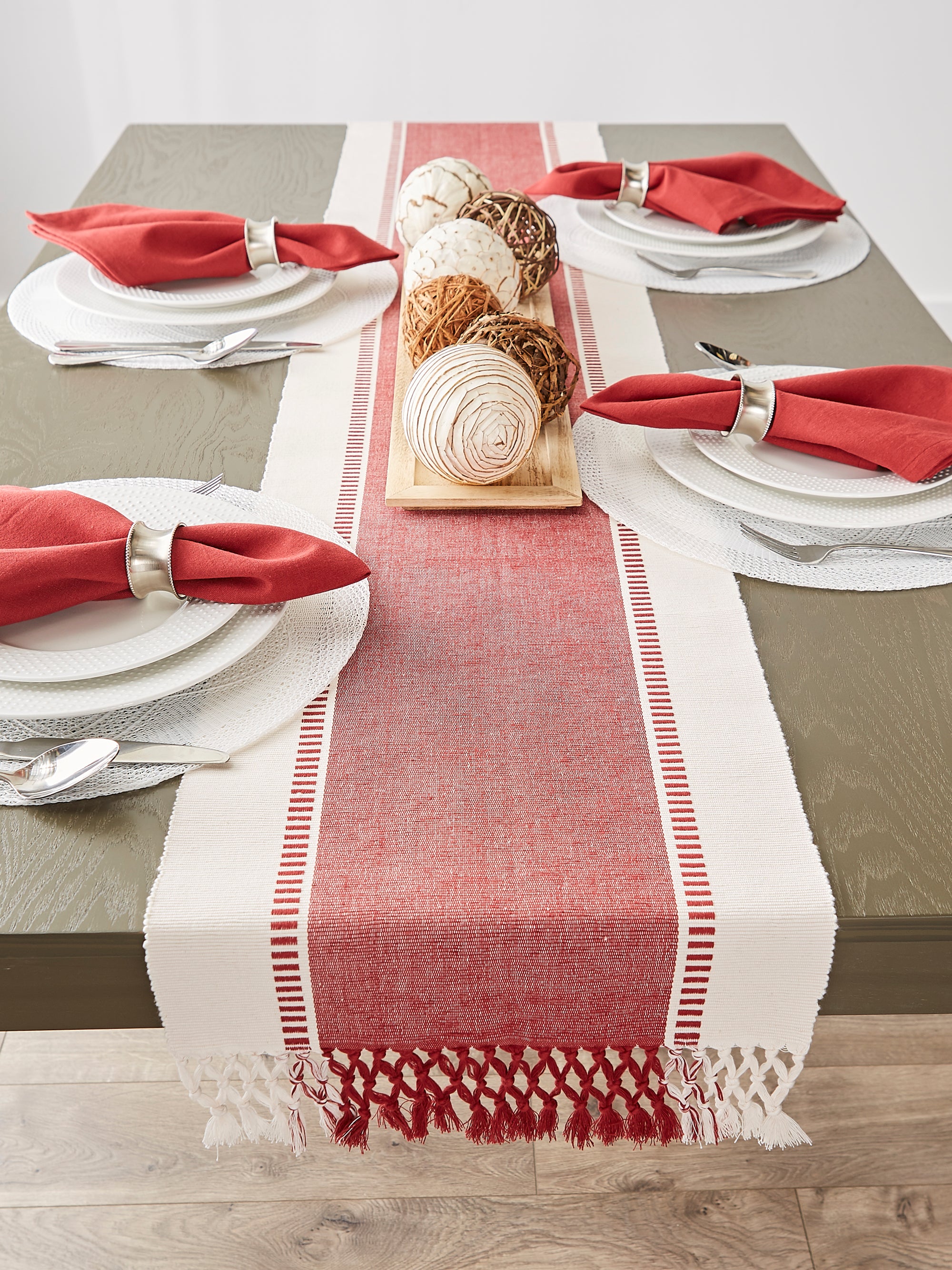 DII Ribbed Dobby Stripe Cotton Table Runner with Knotted Fringe