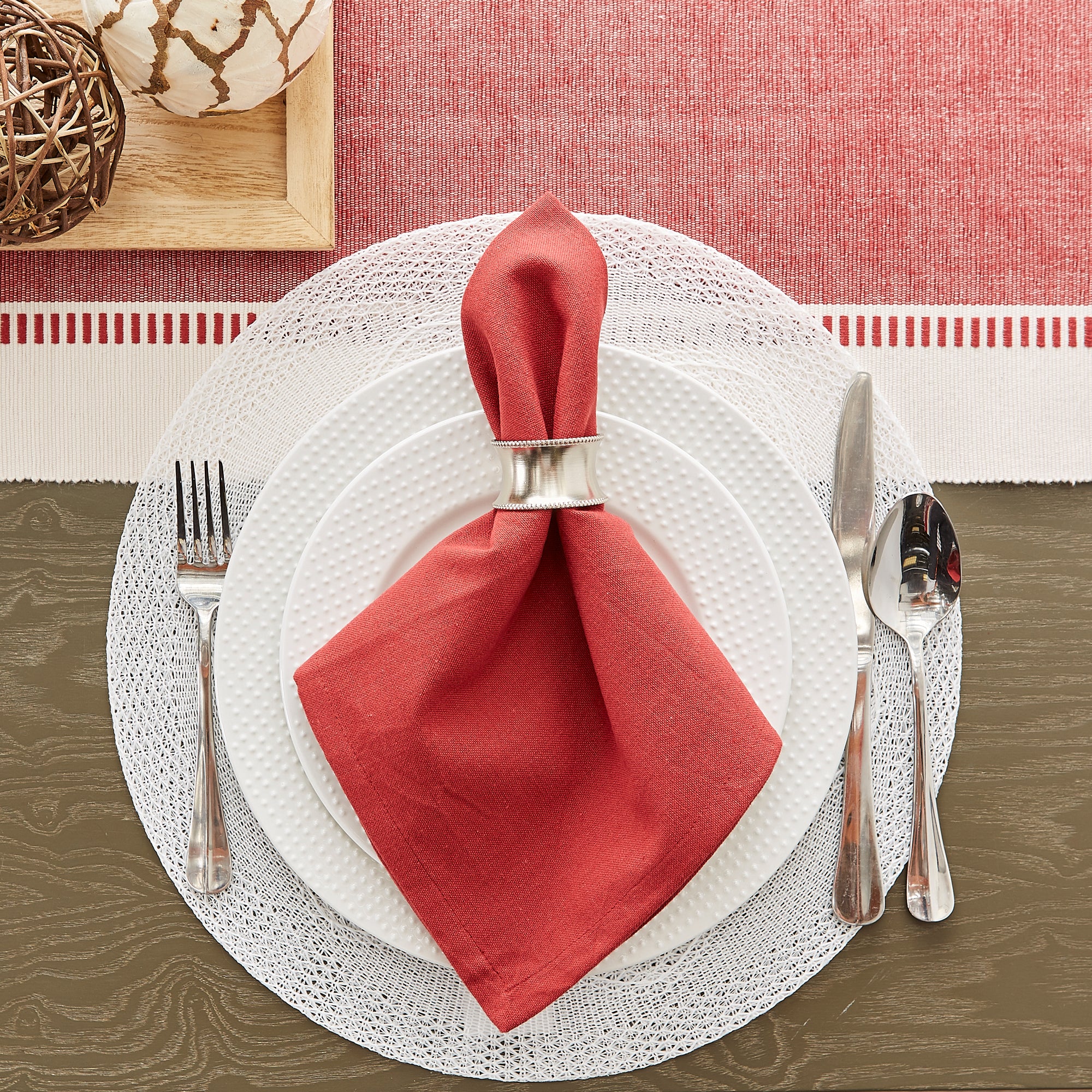 DII Ribbed Dobby Stripe Cotton Table Runner with Knotted Fringe