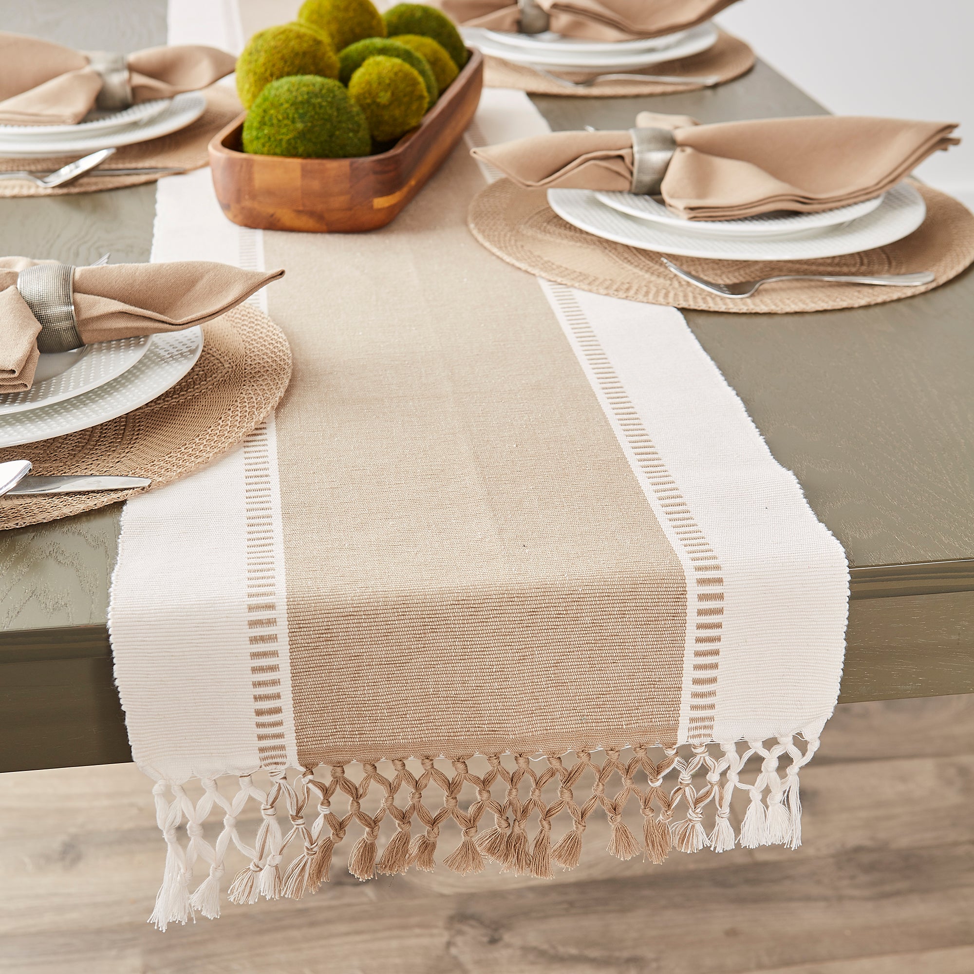 DII Ribbed Dobby Stripe Cotton Table Runner with Knotted Fringe