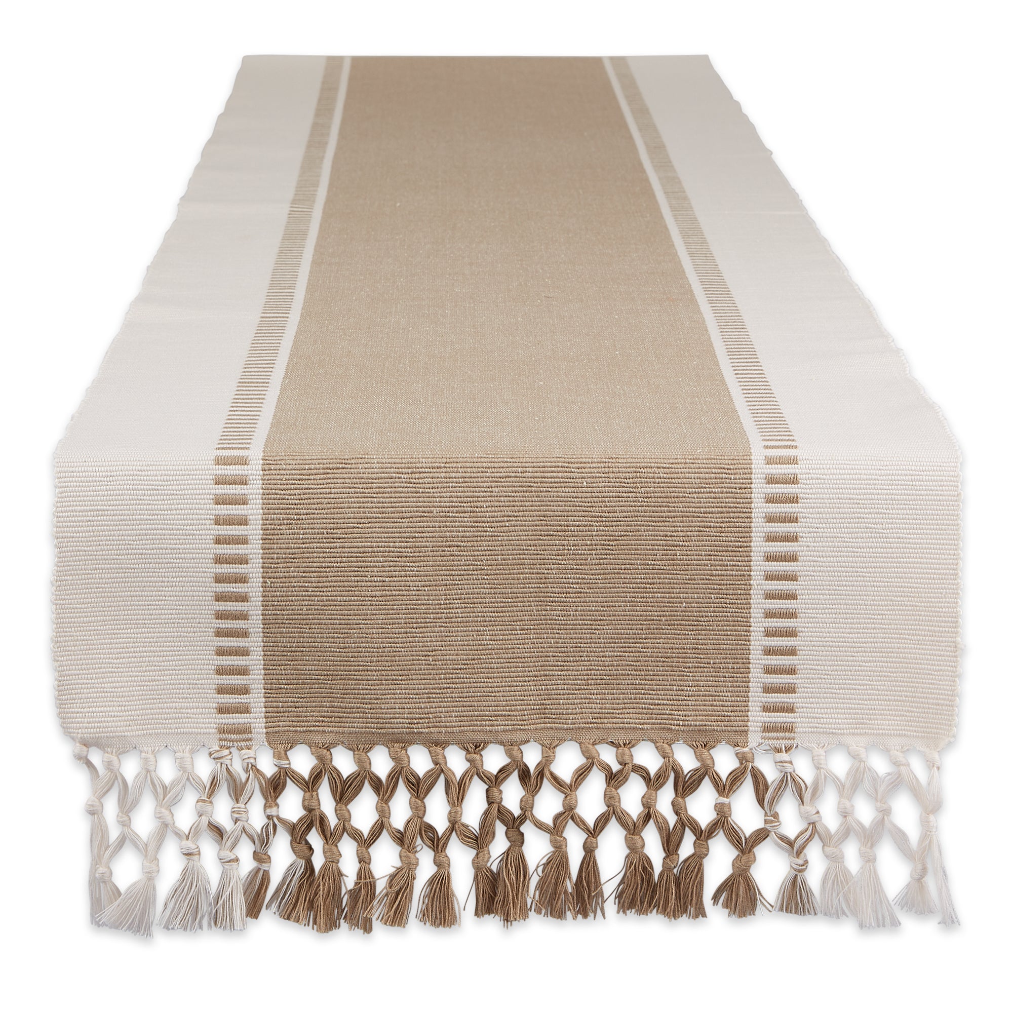 DII Ribbed Dobby Stripe Cotton Table Runner with Knotted Fringe