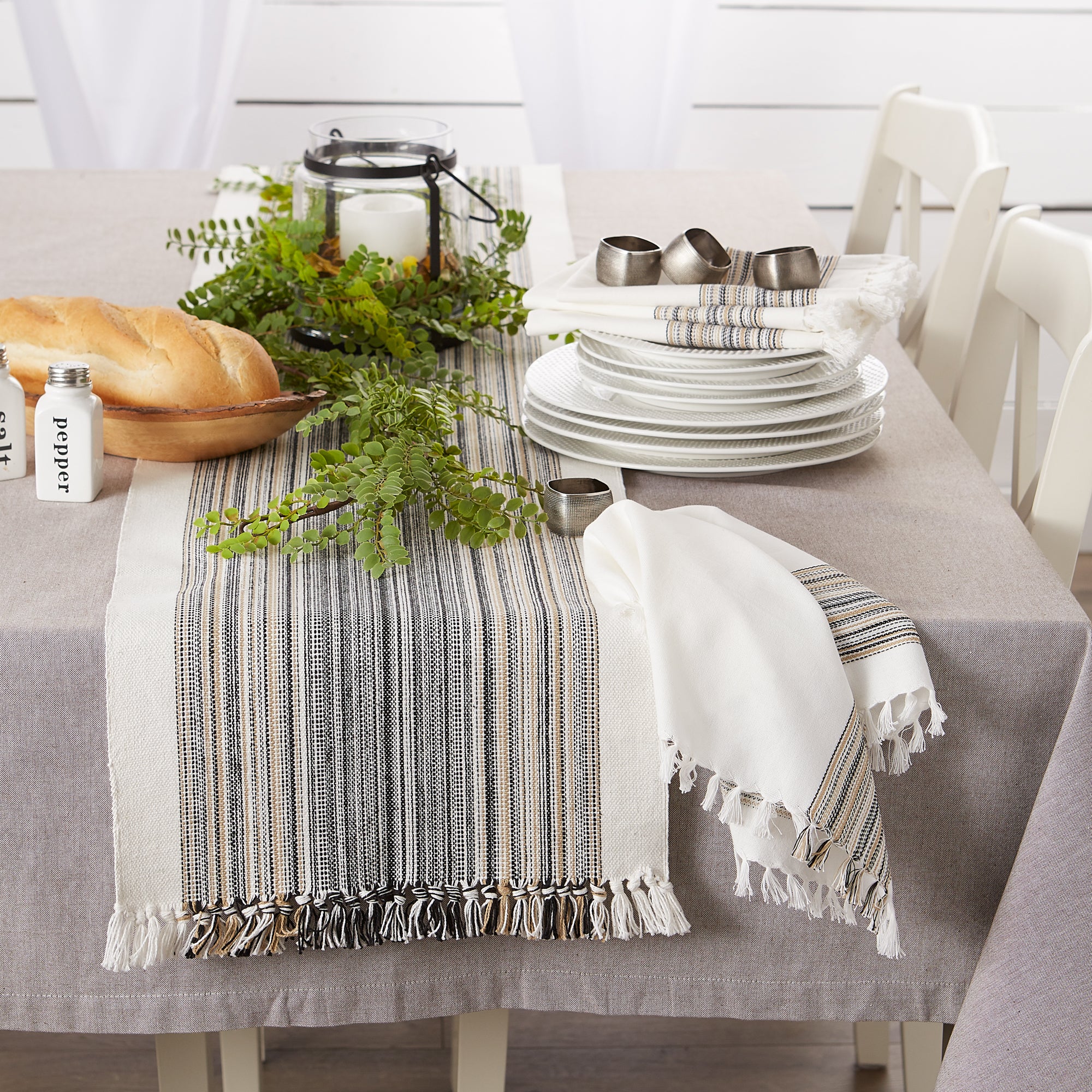 DII Striped Fringe Ribbed Cotton Table Runner