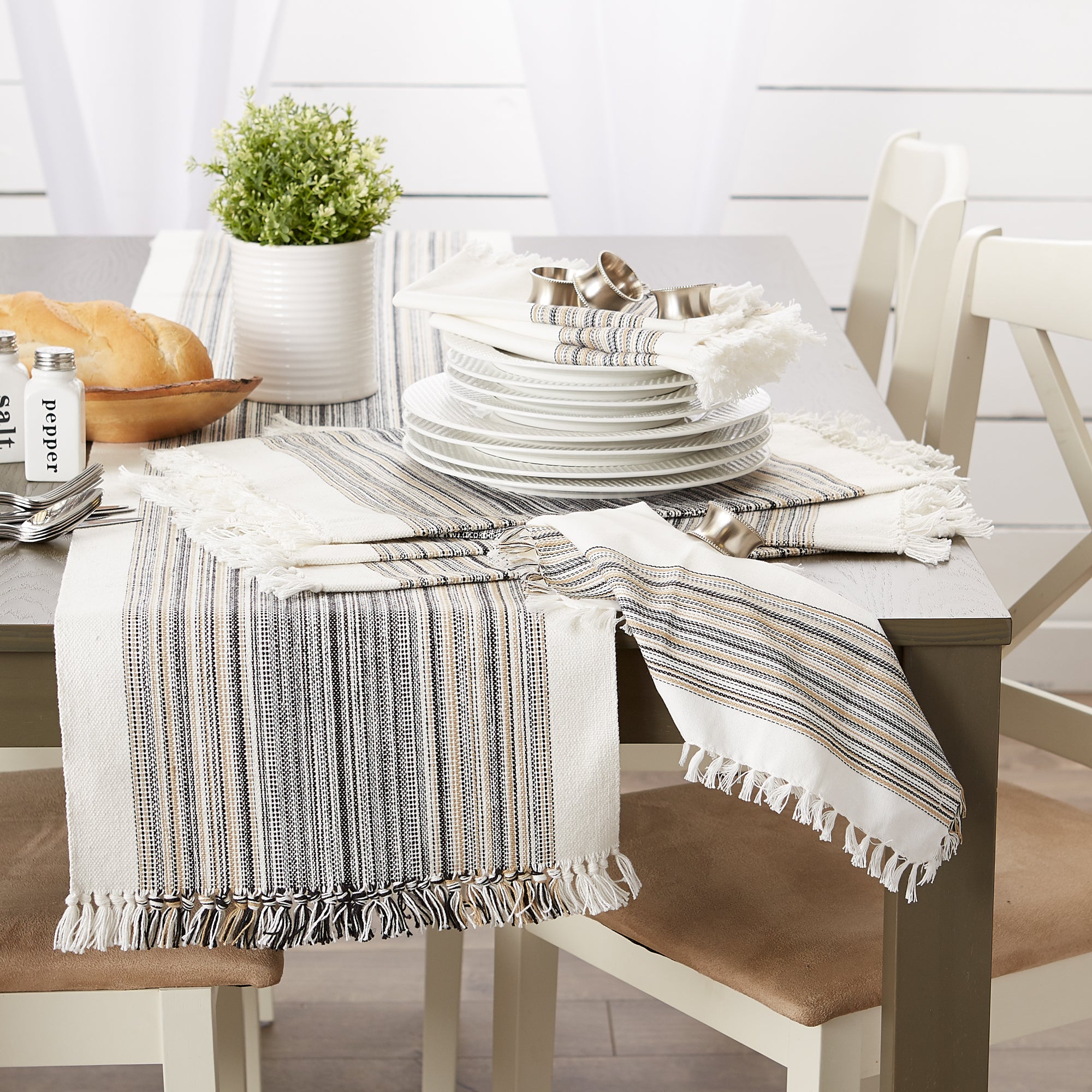 DII Striped Fringe Ribbed Cotton Table Runner