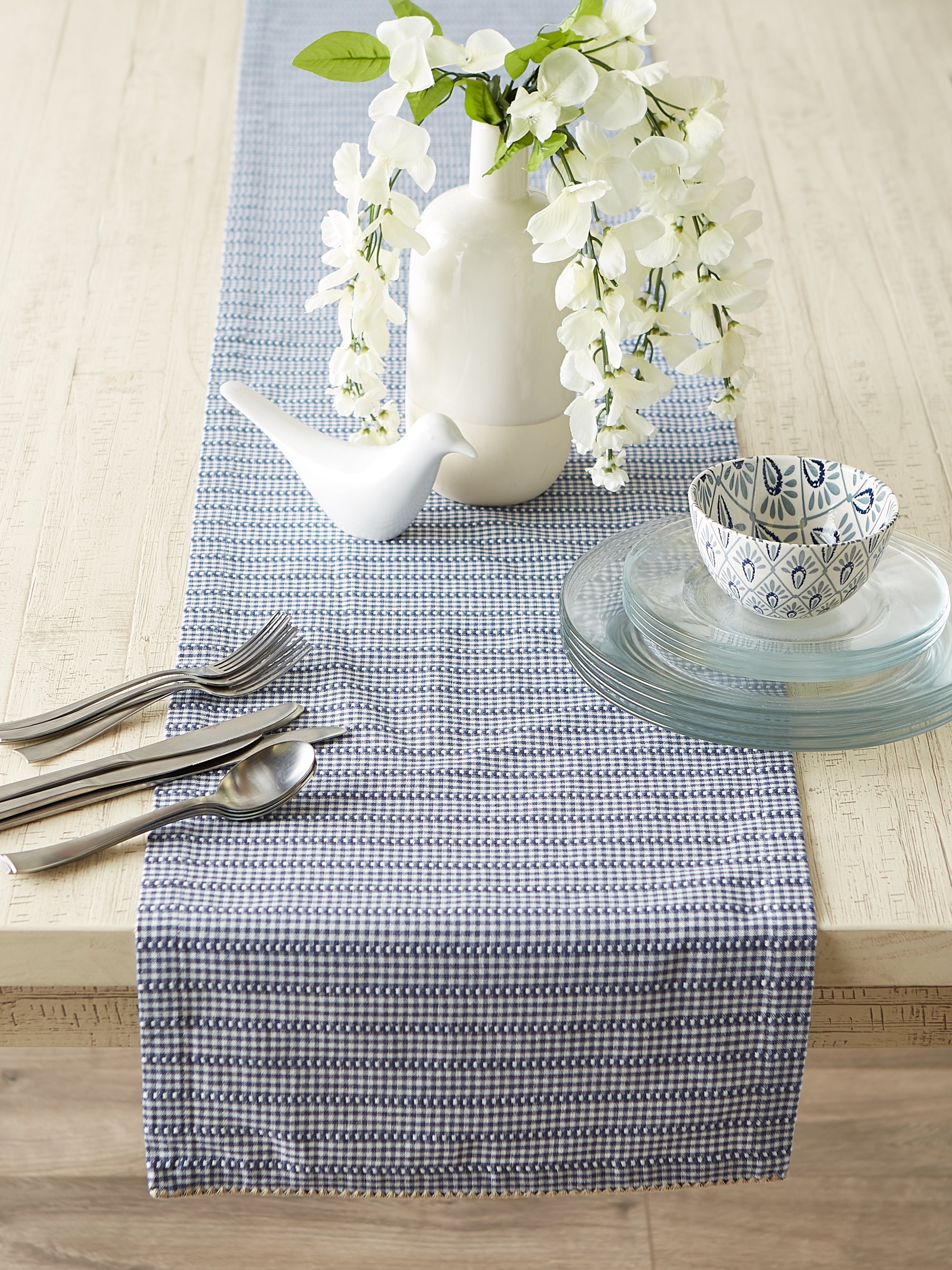 DII French Blue Farmhouse Gingham Cotton Table Runner, 14" x 108"