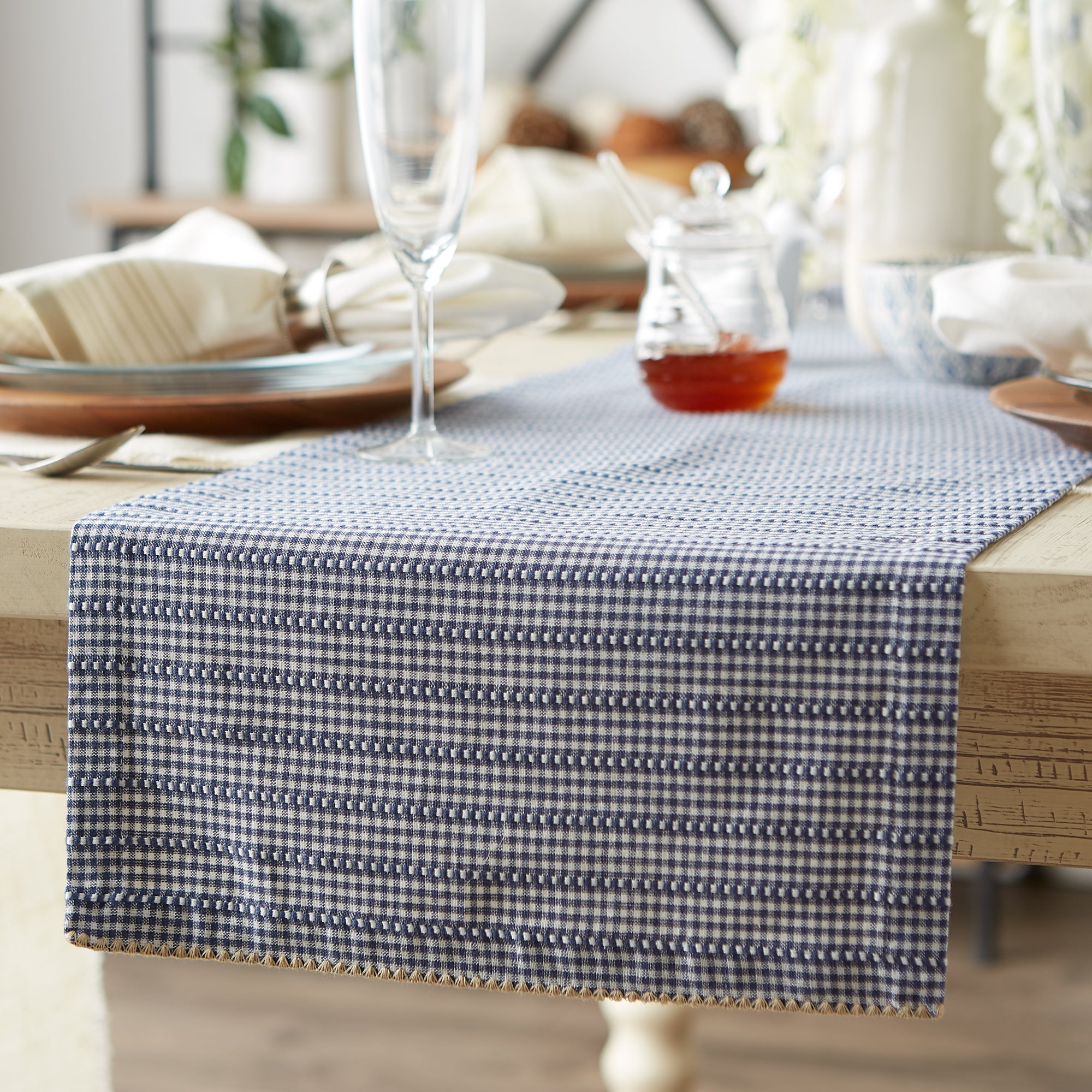 DII French Blue Farmhouse Gingham Cotton Table Runner, 14" x 108"