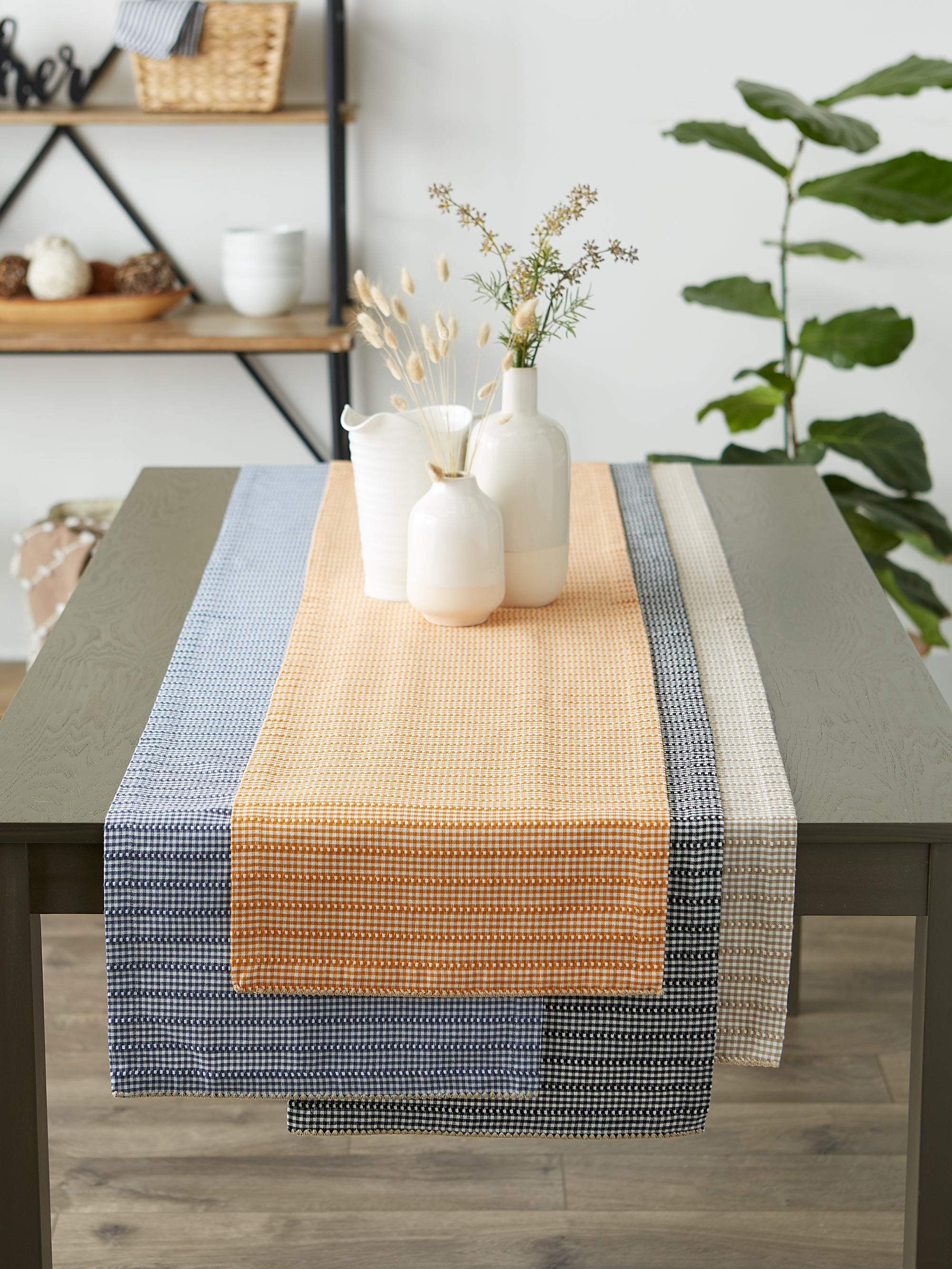 DII French Blue Farmhouse Gingham Cotton Table Runner, 14" x 108"