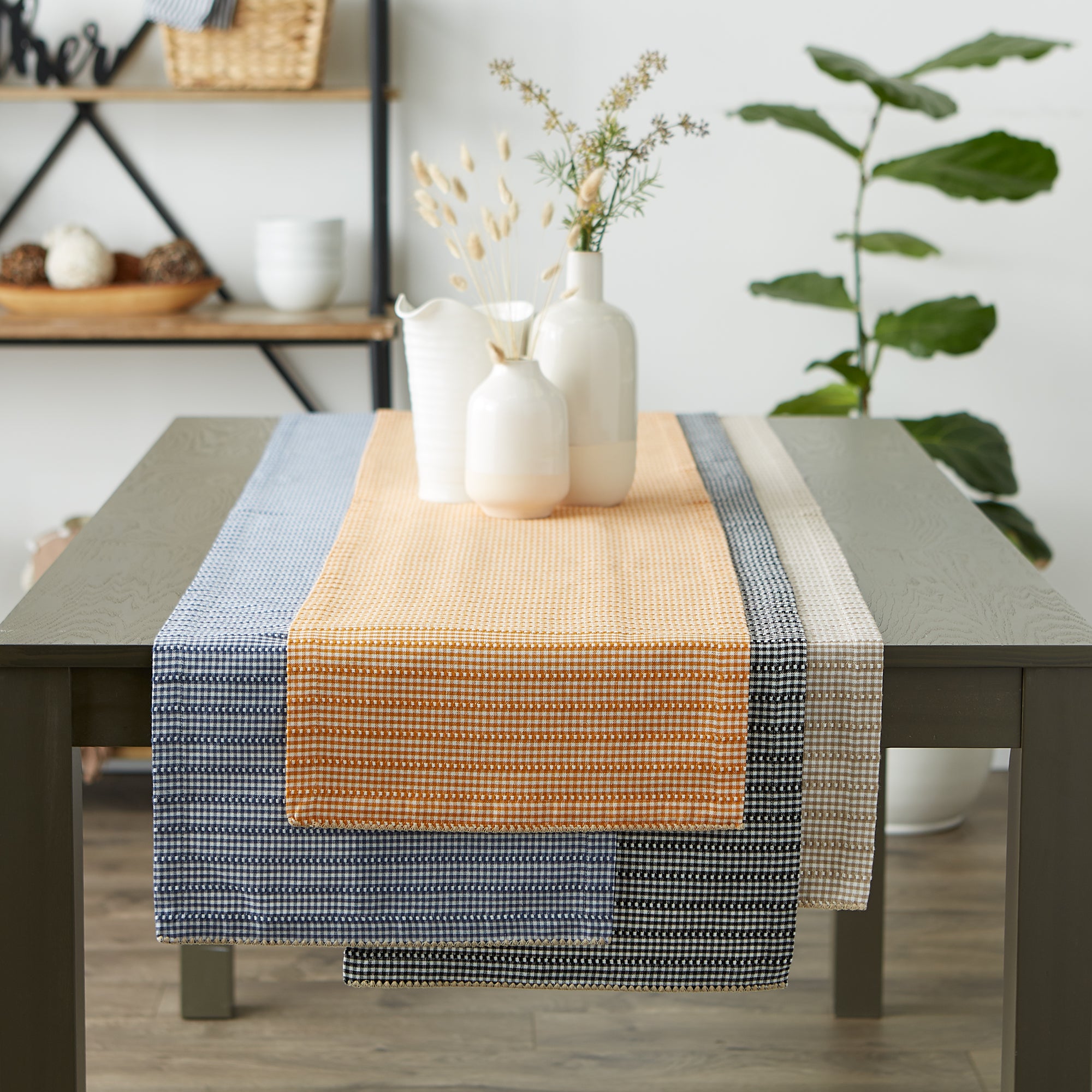 DII French Blue Farmhouse Gingham Cotton Table Runner, 14" x 108"