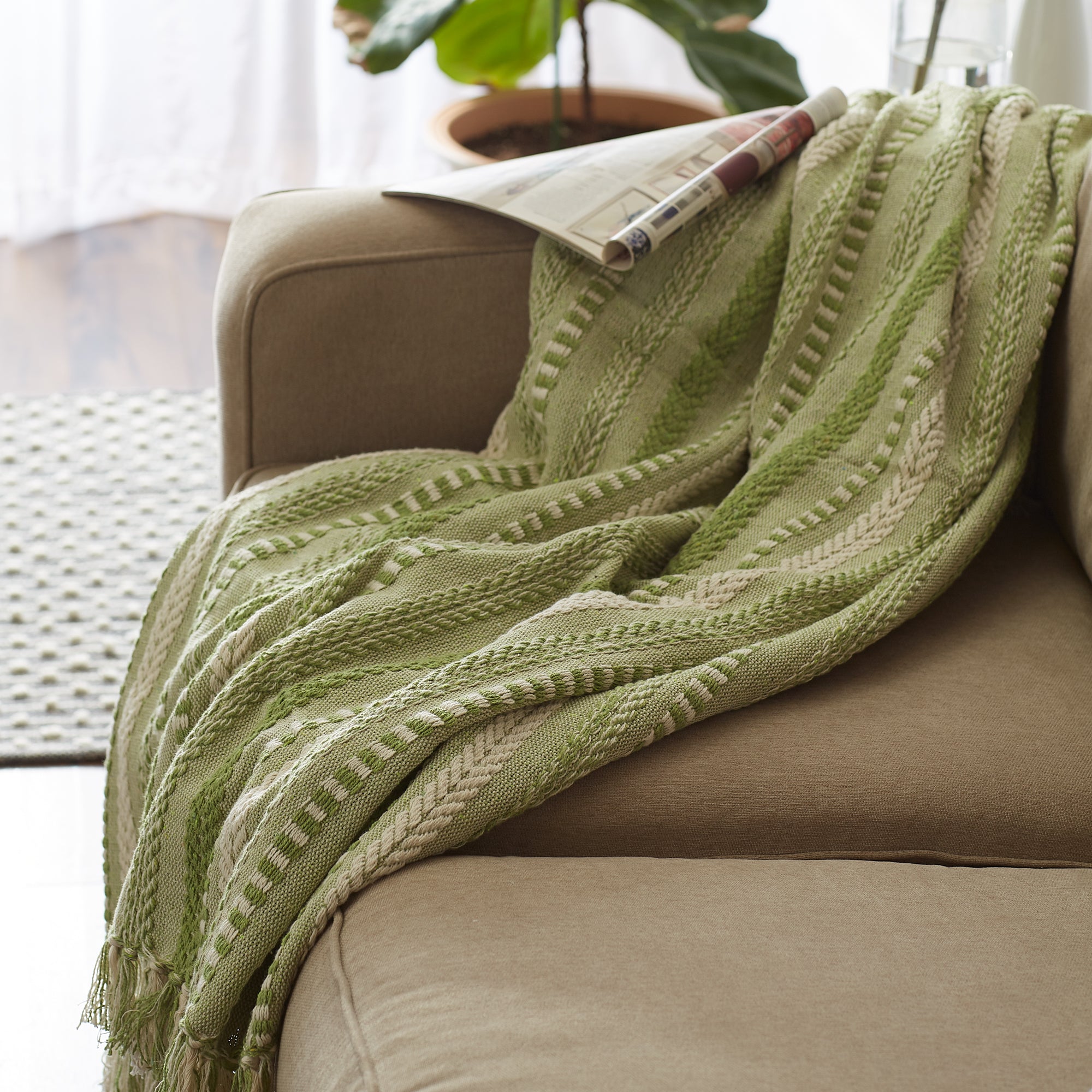 Antique Green Braided Stripe Throw