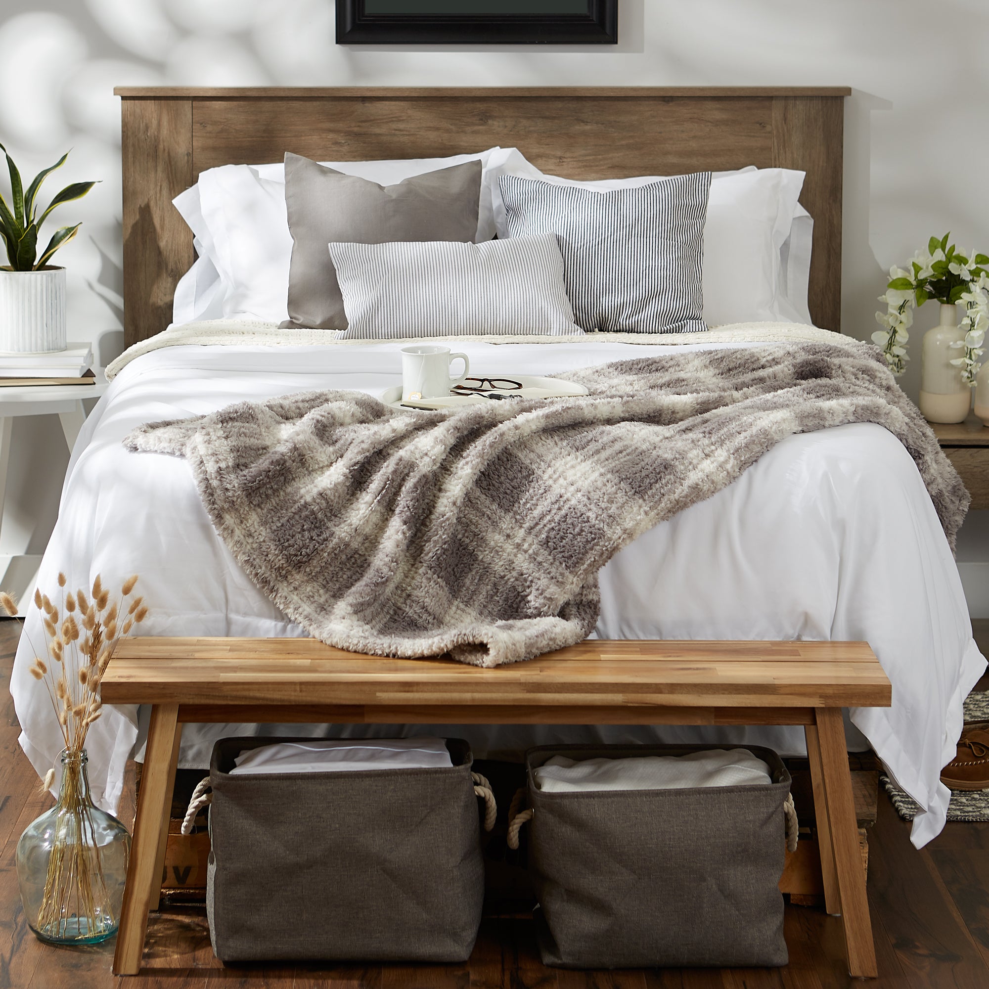 Gray Farmhouse Plush Plaid Throw
