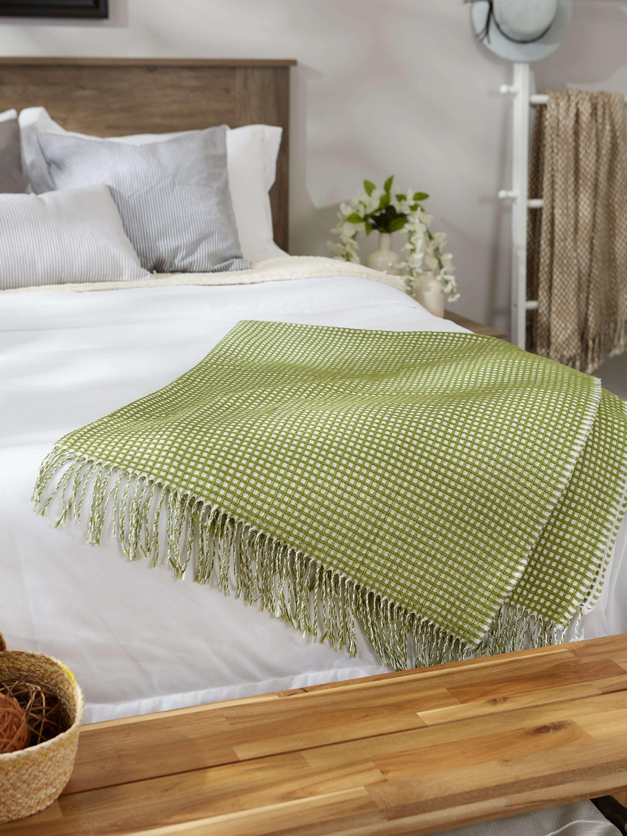 Antique Green & White Waffle Knit Throw