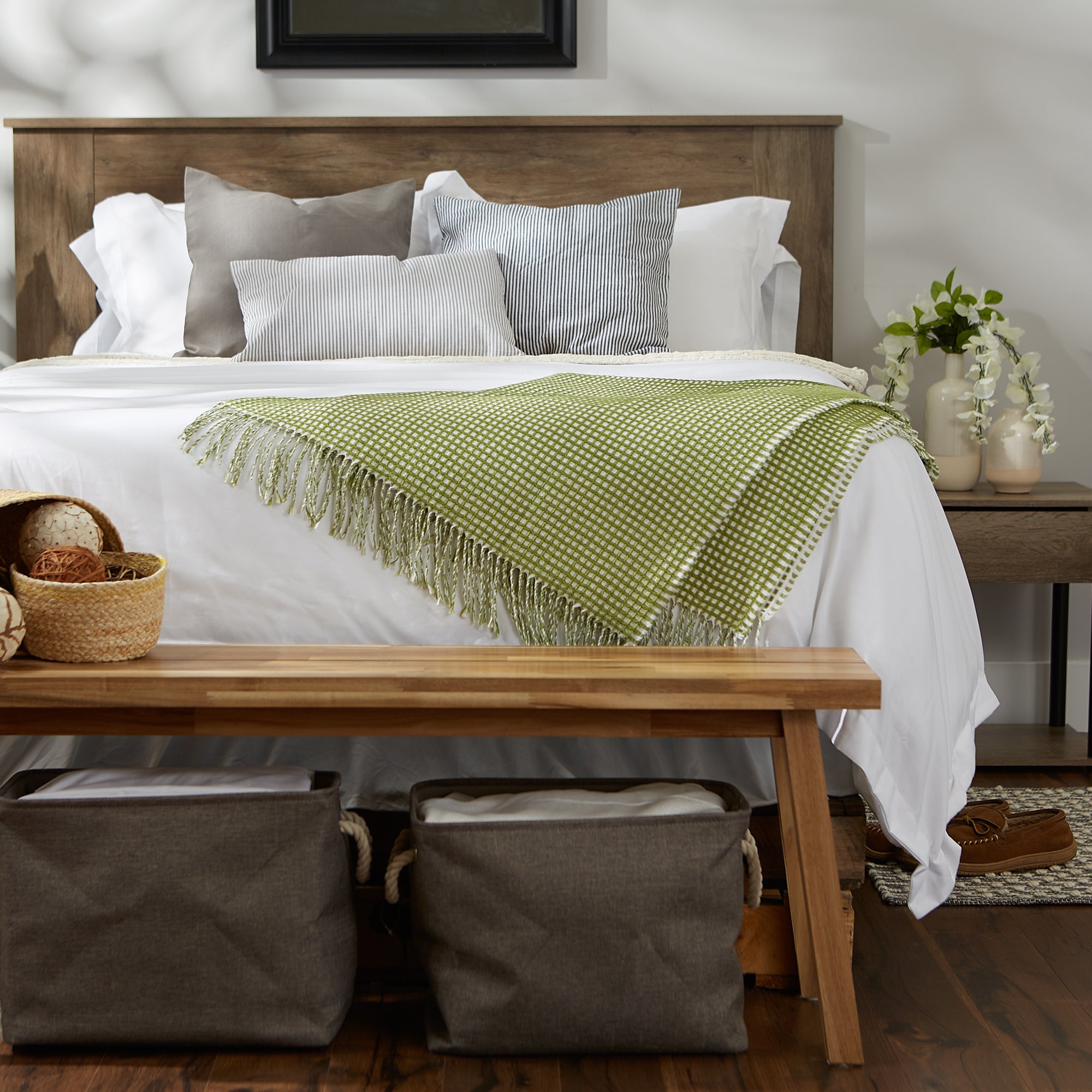 Antique Green & White Waffle Knit Throw