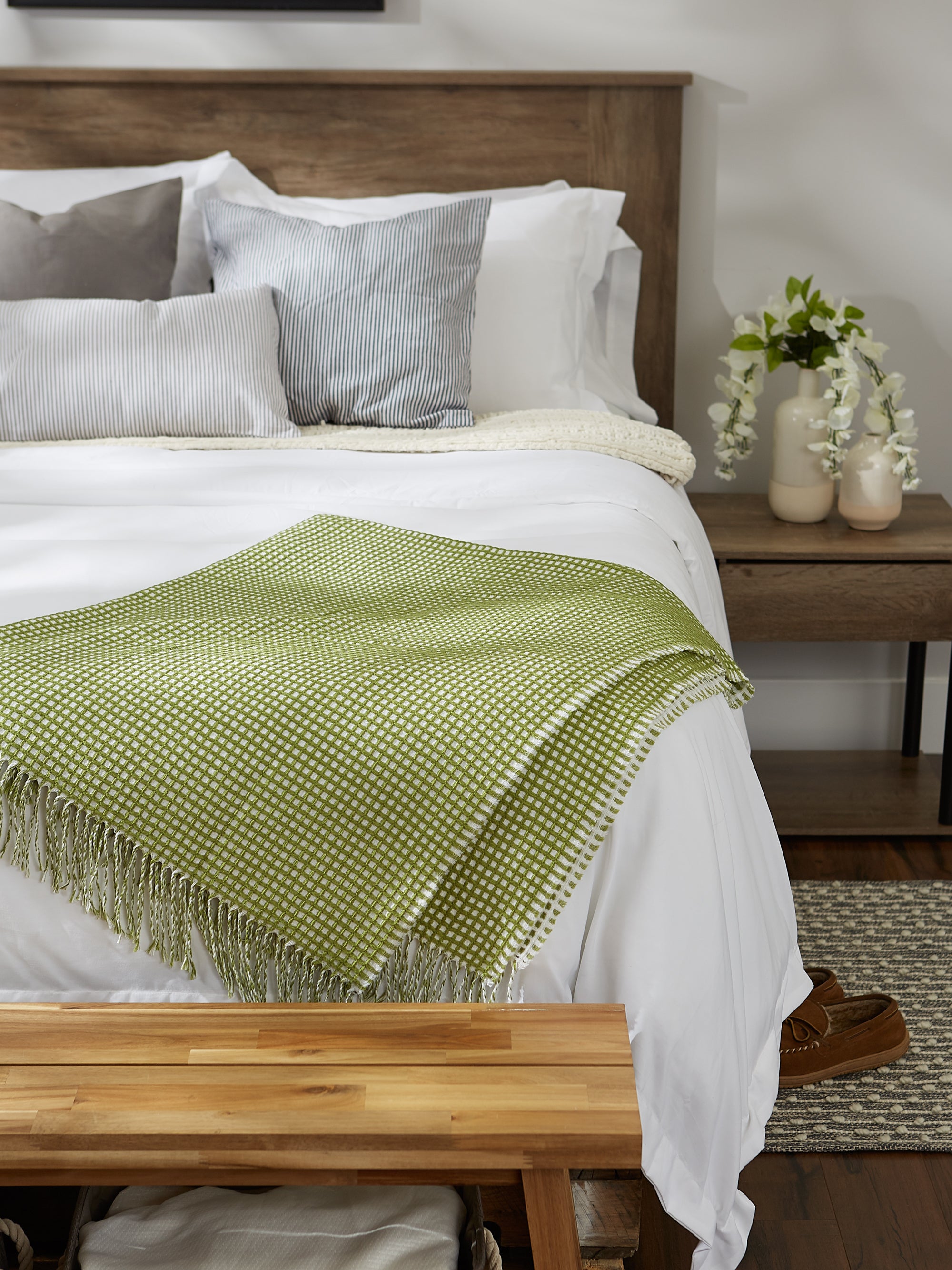 Antique Green & White Waffle Knit Throw