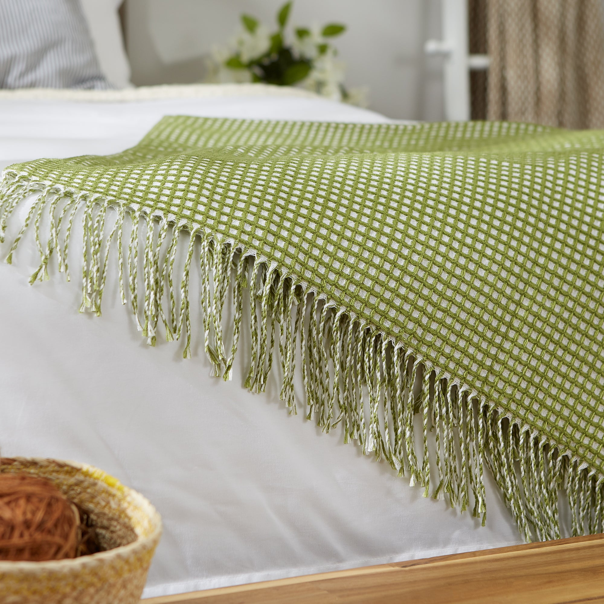 Antique Green & White Waffle Knit Throw