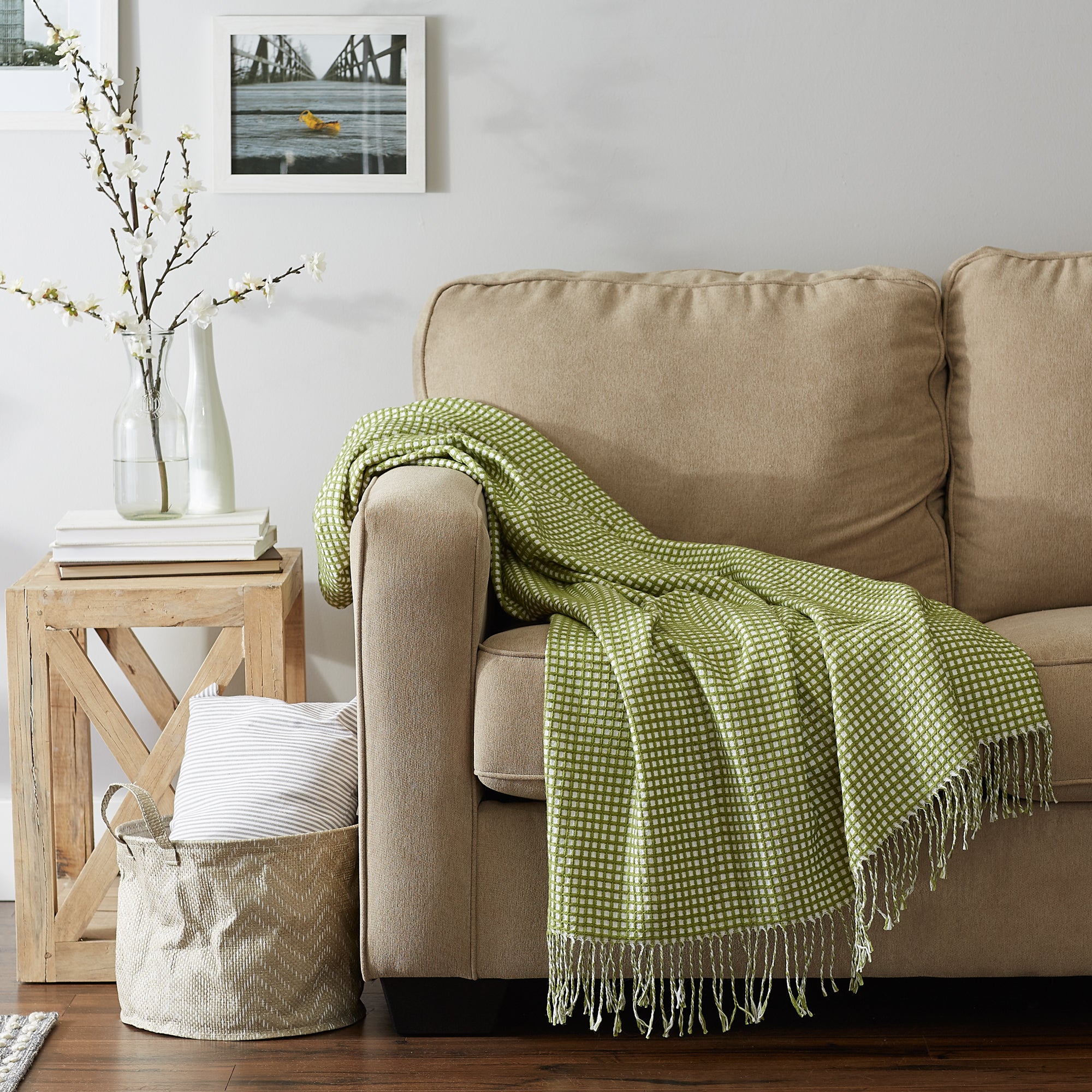 Antique Green & White Waffle Knit Throw