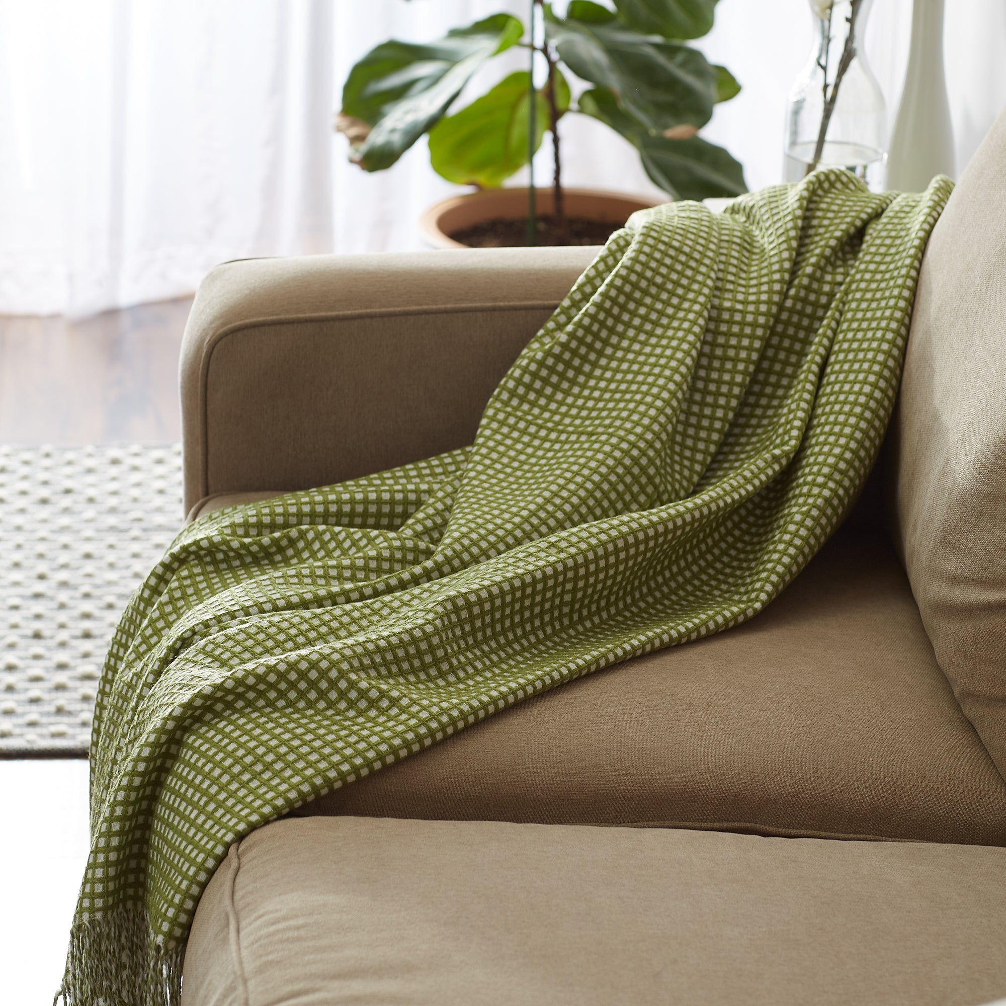 Antique Green & White Waffle Knit Throw