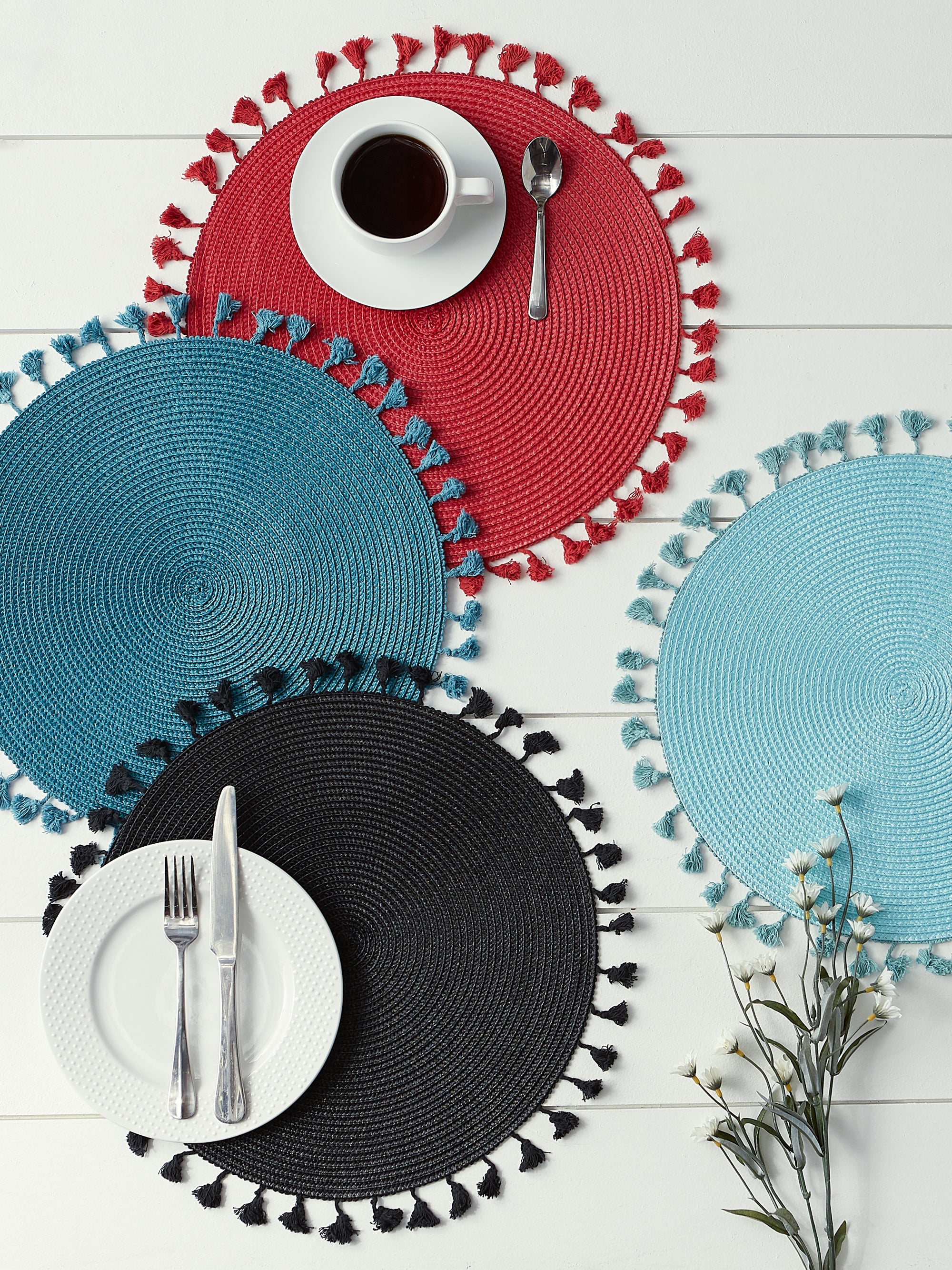 DII Tassel Fringe Polypropylene Woven Round Placemat 6-Piece Set