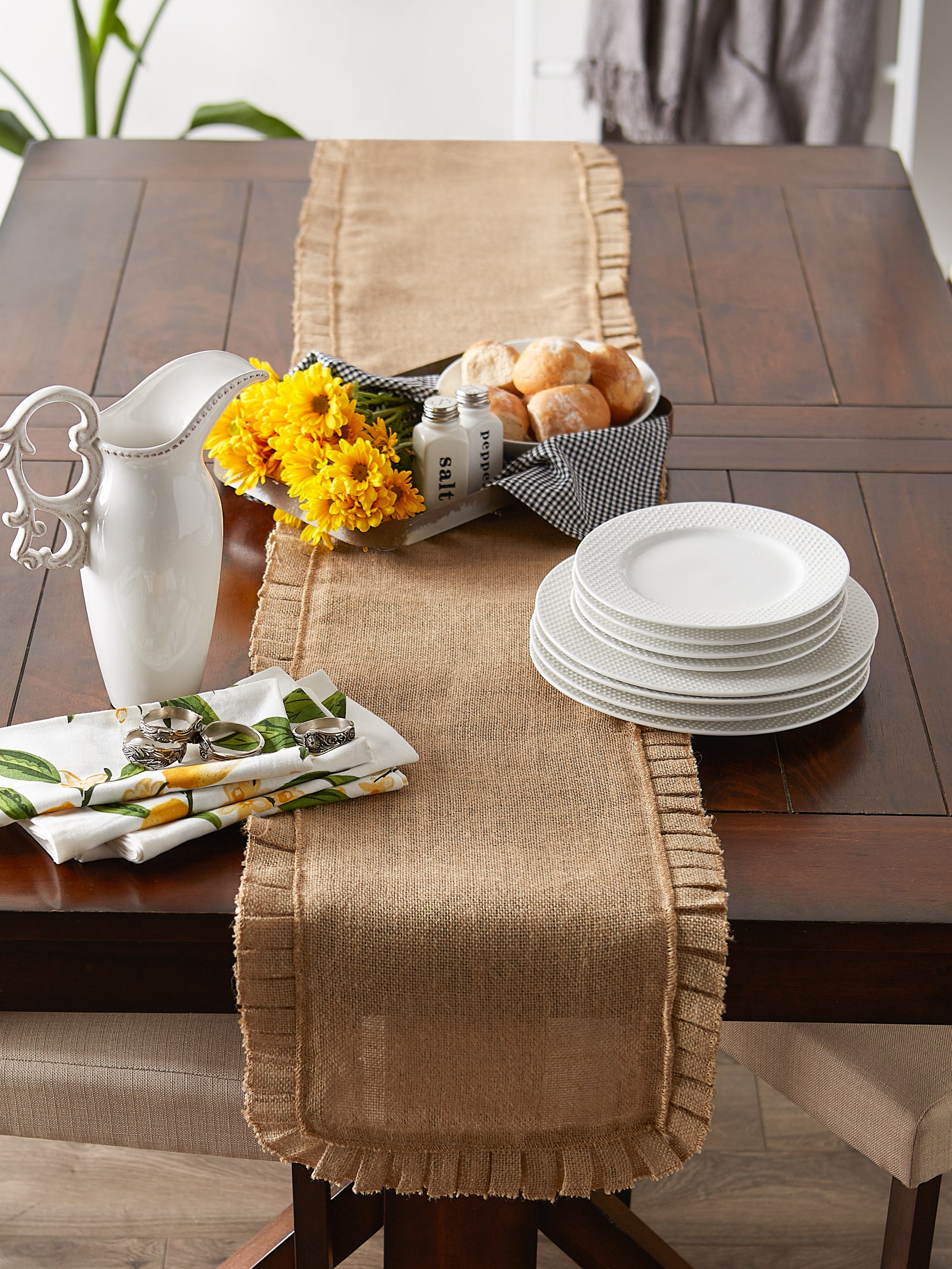 DII Natural Ruffle Trim Jute Table Runner