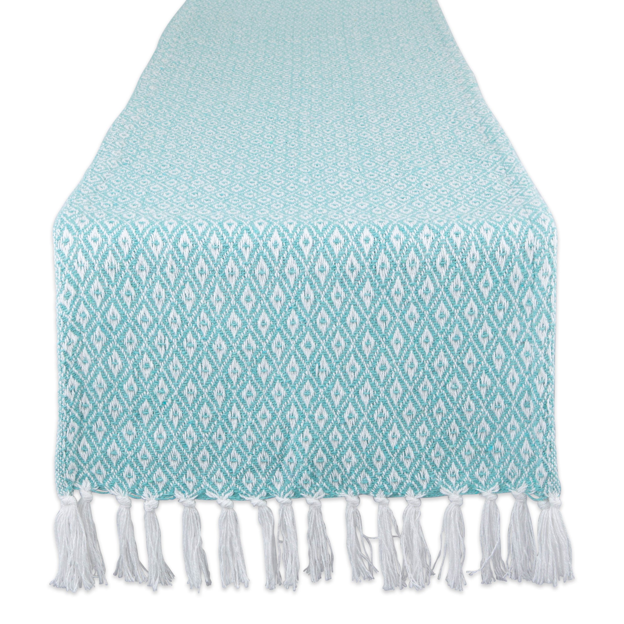 DII Aqua Mini Diamond Jacquard Fringe Cotton Table Runner, 15" x 108"
