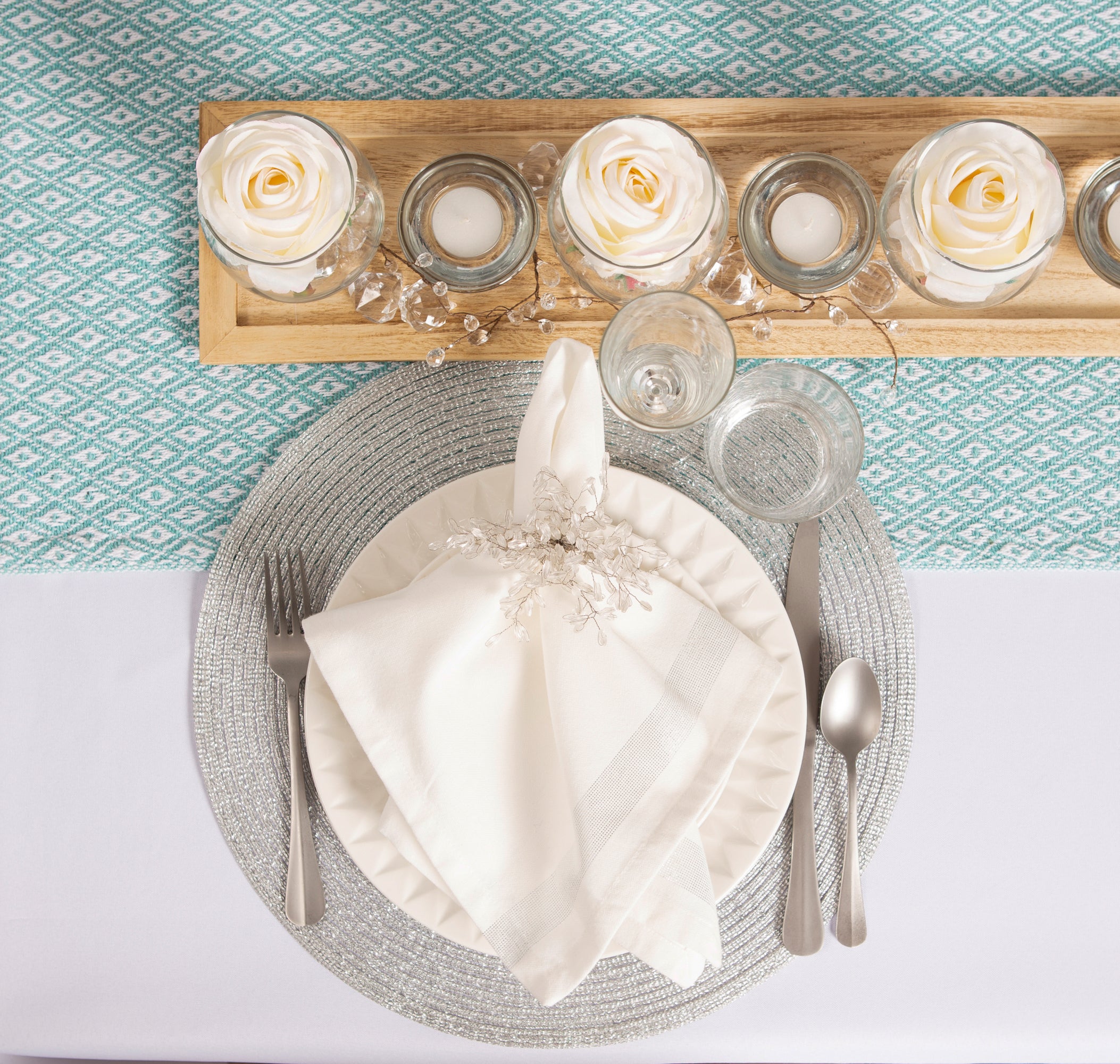 DII Aqua Mini Diamond Jacquard Fringe Cotton Table Runner, 15" x 108"