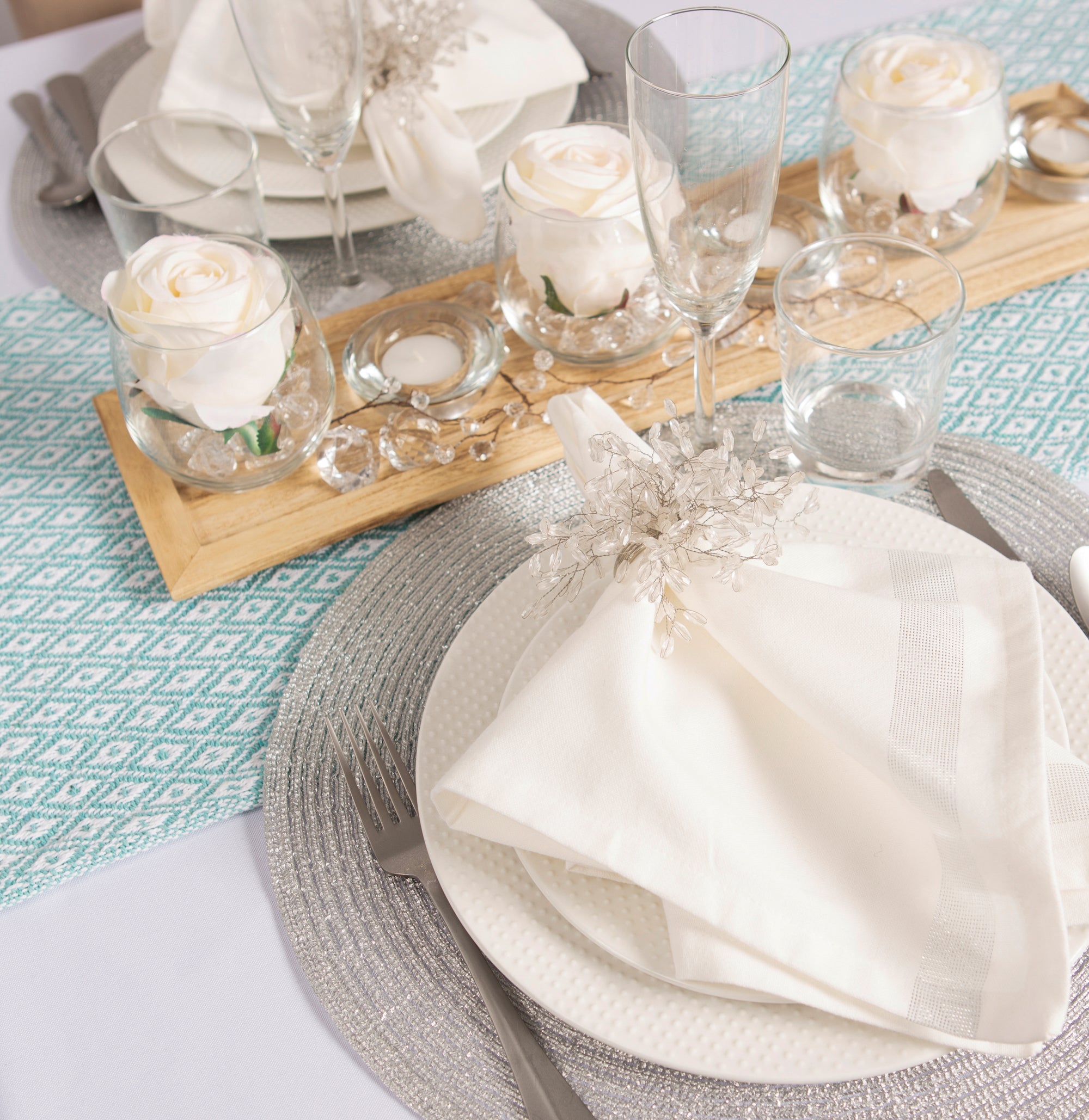 DII Aqua Mini Diamond Jacquard Fringe Cotton Table Runner, 15" x 108"