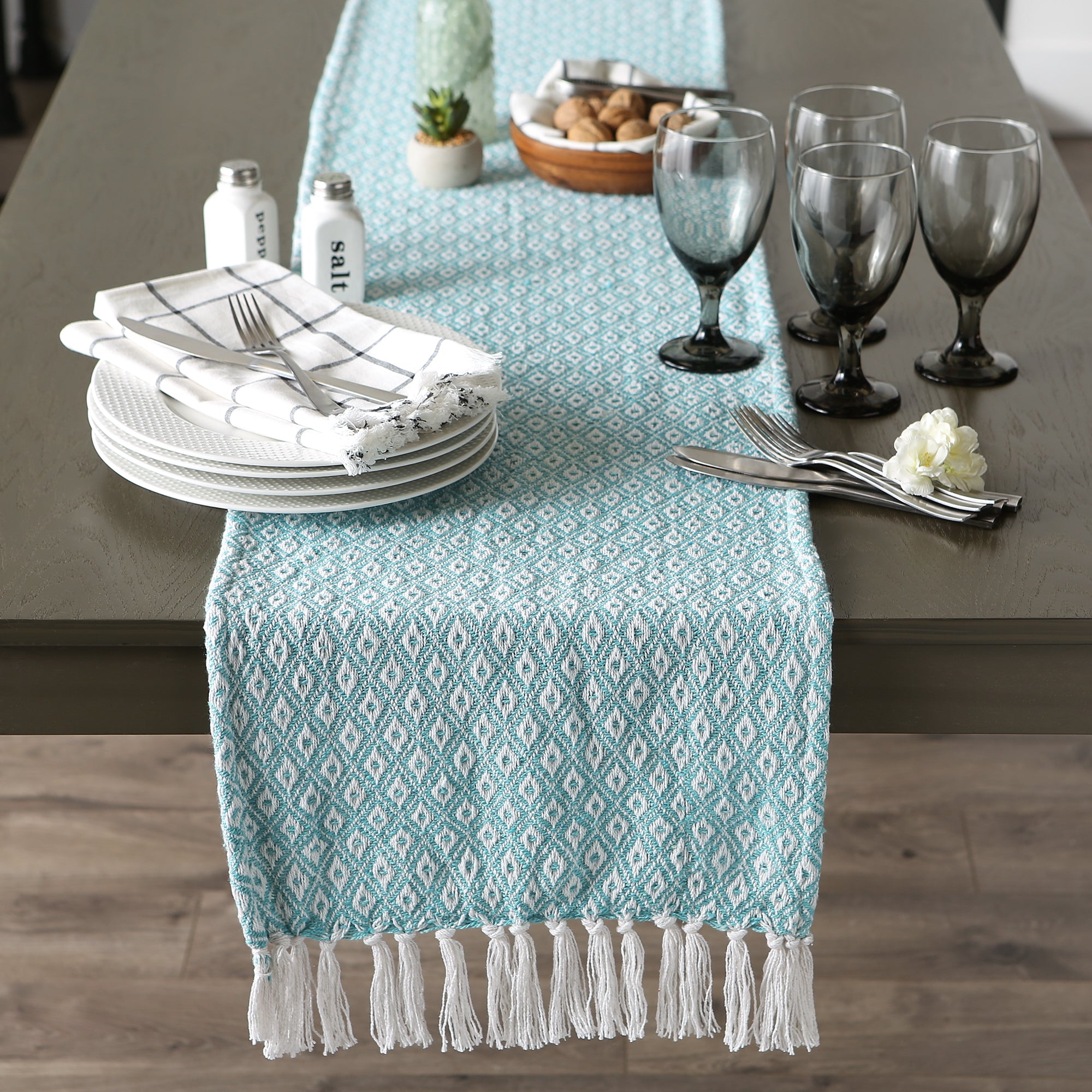 DII Aqua Mini Diamond Jacquard Fringe Cotton Table Runner, 15" x 108"