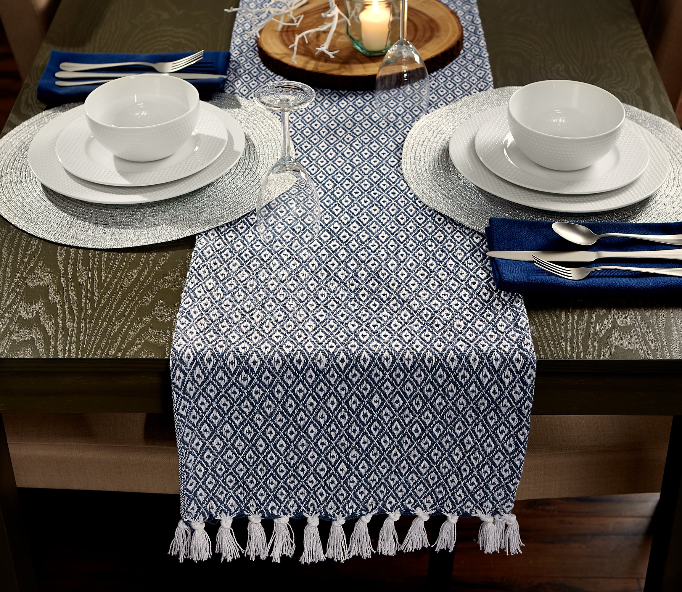 DII Mini Diamond Jacquard Fringe Cotton Table Runner